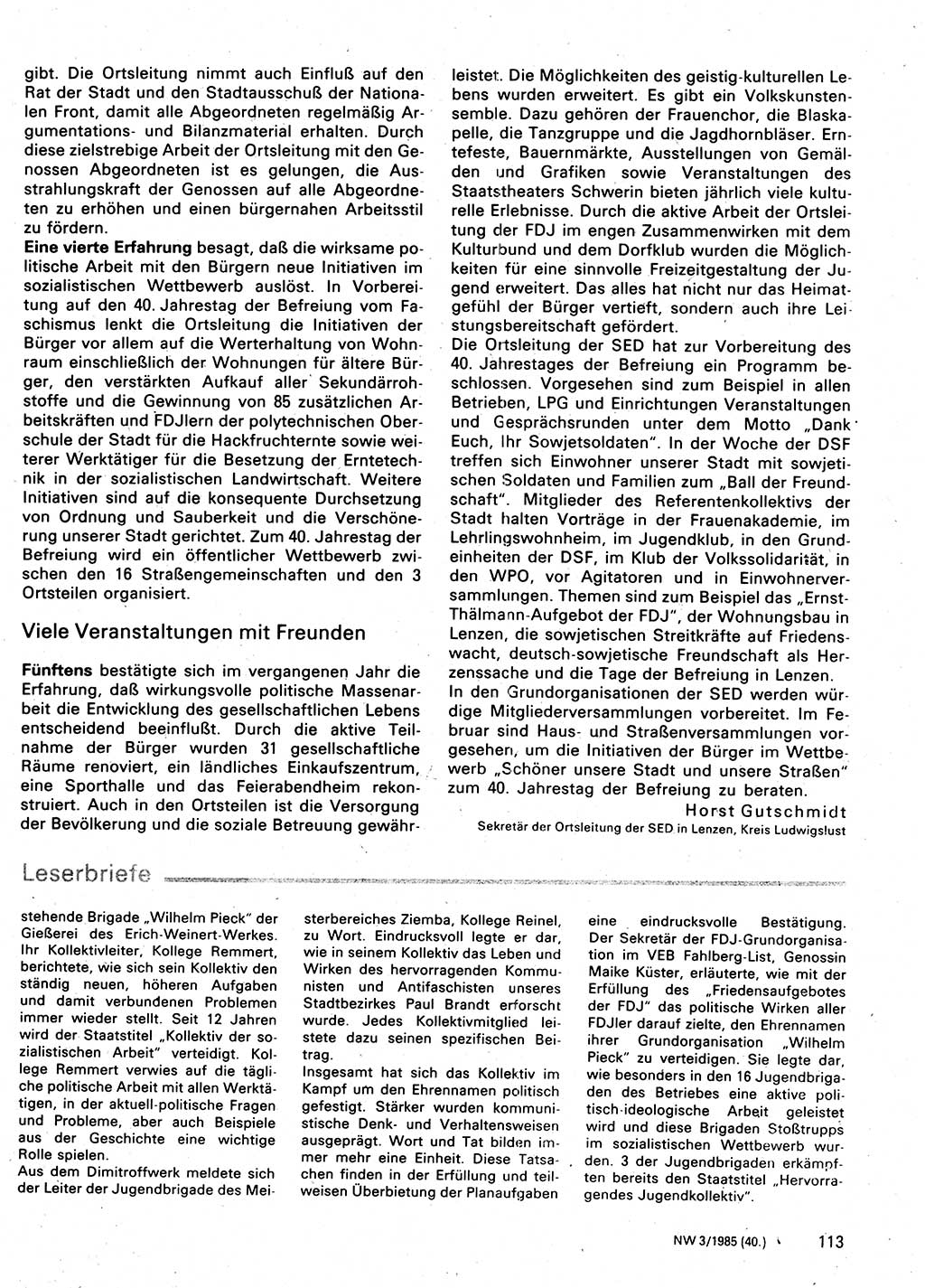 Neuer Weg (NW), Organ des Zentralkomitees (ZK) der SED (Sozialistische Einheitspartei Deutschlands) für Fragen des Parteilebens, 40. Jahrgang [Deutsche Demokratische Republik (DDR)] 1985, Seite 113 (NW ZK SED DDR 1985, S. 113)