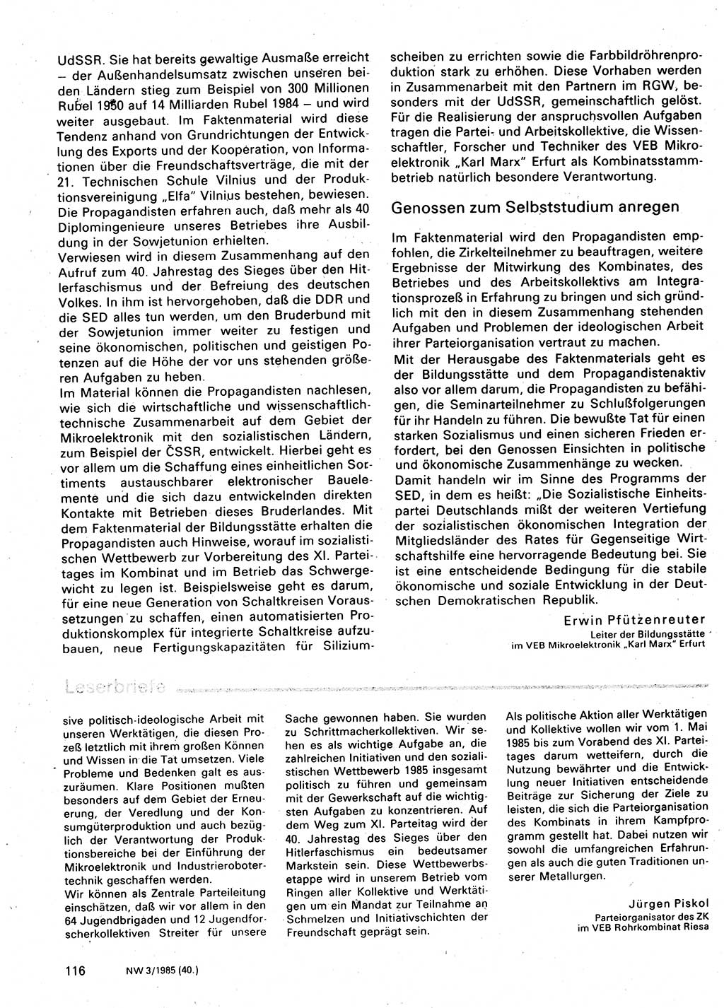 Neuer Weg (NW), Organ des Zentralkomitees (ZK) der SED (Sozialistische Einheitspartei Deutschlands) für Fragen des Parteilebens, 40. Jahrgang [Deutsche Demokratische Republik (DDR)] 1985, Seite 116 (NW ZK SED DDR 1985, S. 116)