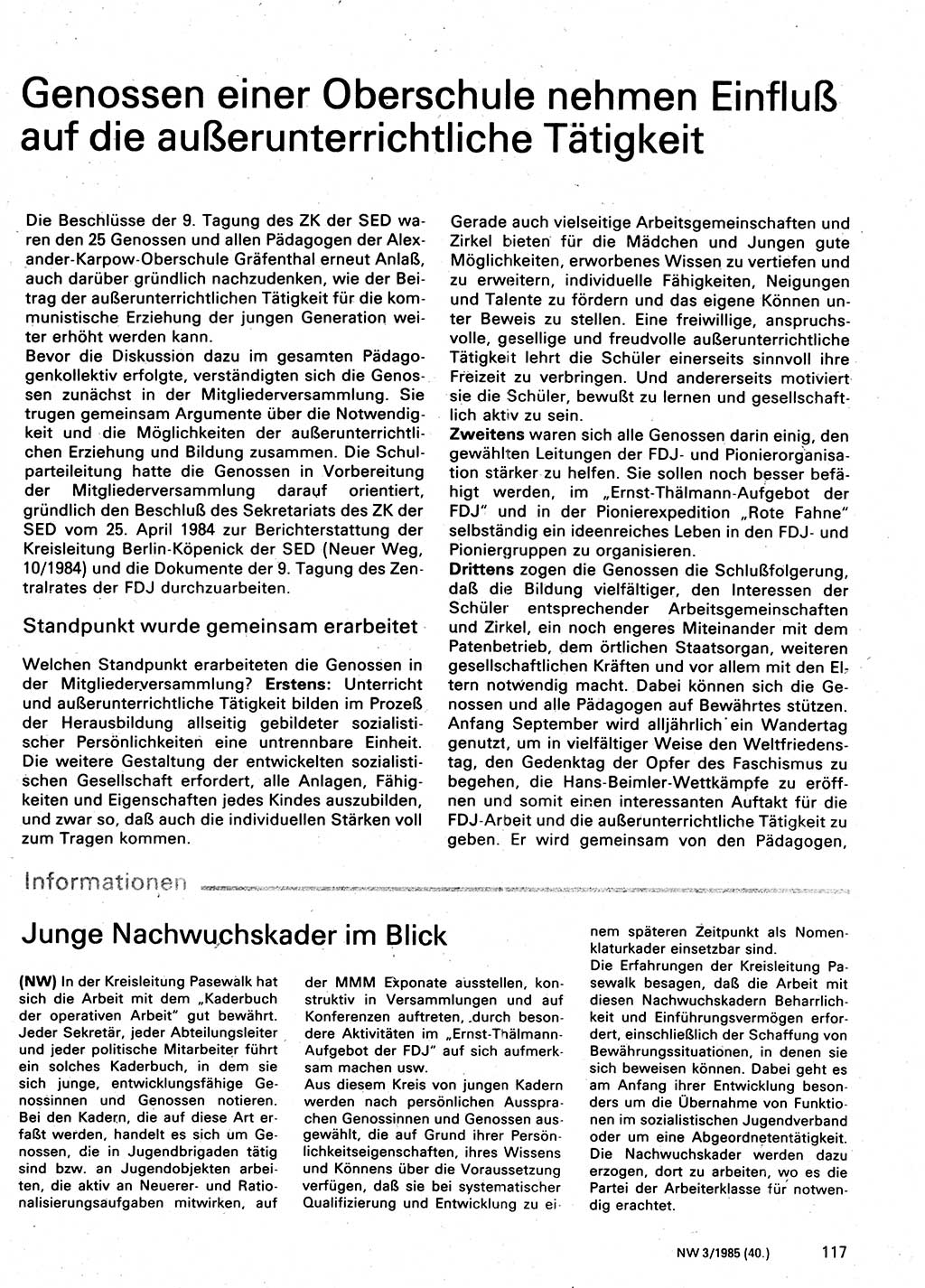 Neuer Weg (NW), Organ des Zentralkomitees (ZK) der SED (Sozialistische Einheitspartei Deutschlands) für Fragen des Parteilebens, 40. Jahrgang [Deutsche Demokratische Republik (DDR)] 1985, Seite 117 (NW ZK SED DDR 1985, S. 117)