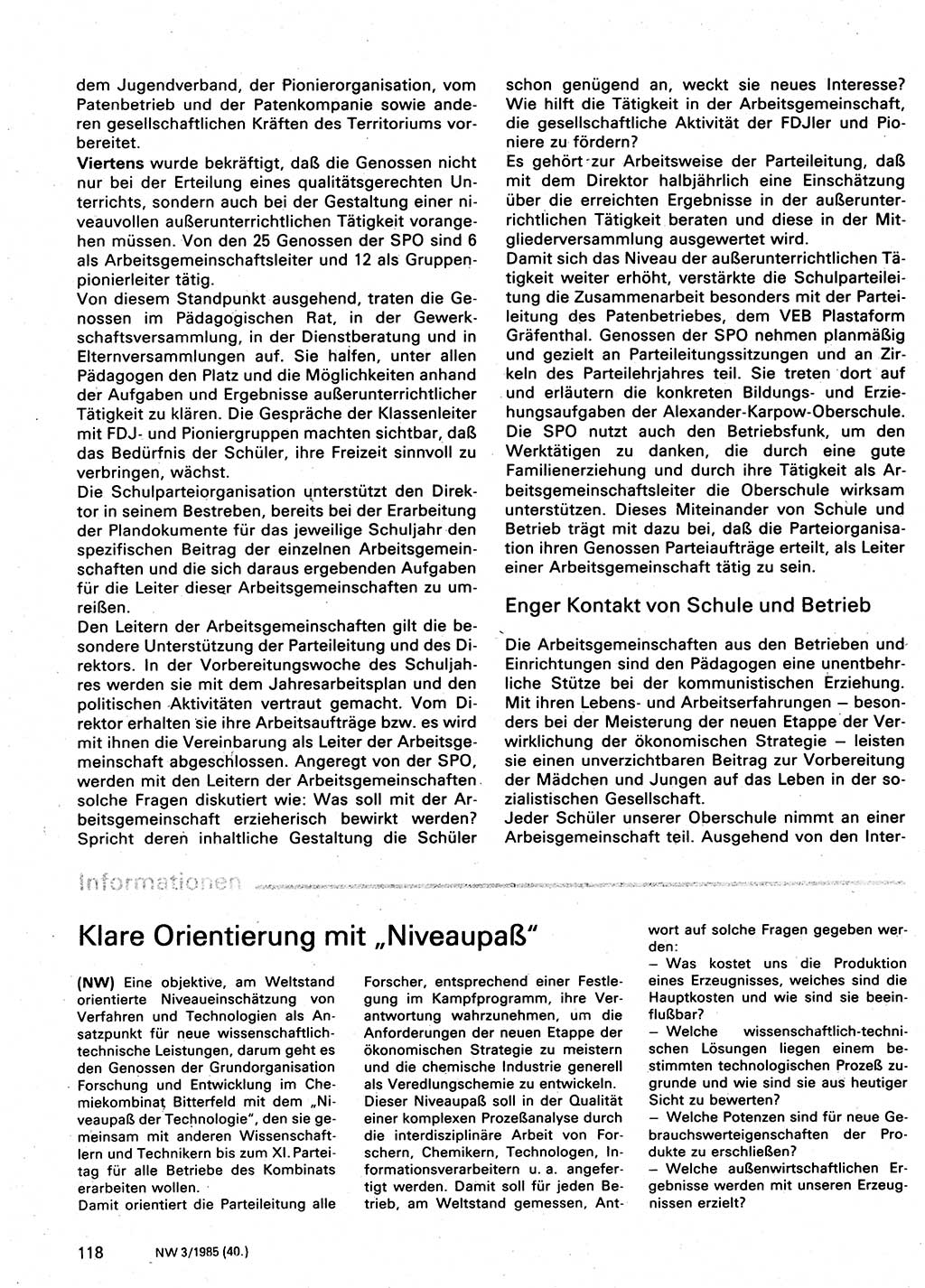 Neuer Weg (NW), Organ des Zentralkomitees (ZK) der SED (Sozialistische Einheitspartei Deutschlands) für Fragen des Parteilebens, 40. Jahrgang [Deutsche Demokratische Republik (DDR)] 1985, Seite 118 (NW ZK SED DDR 1985, S. 118)