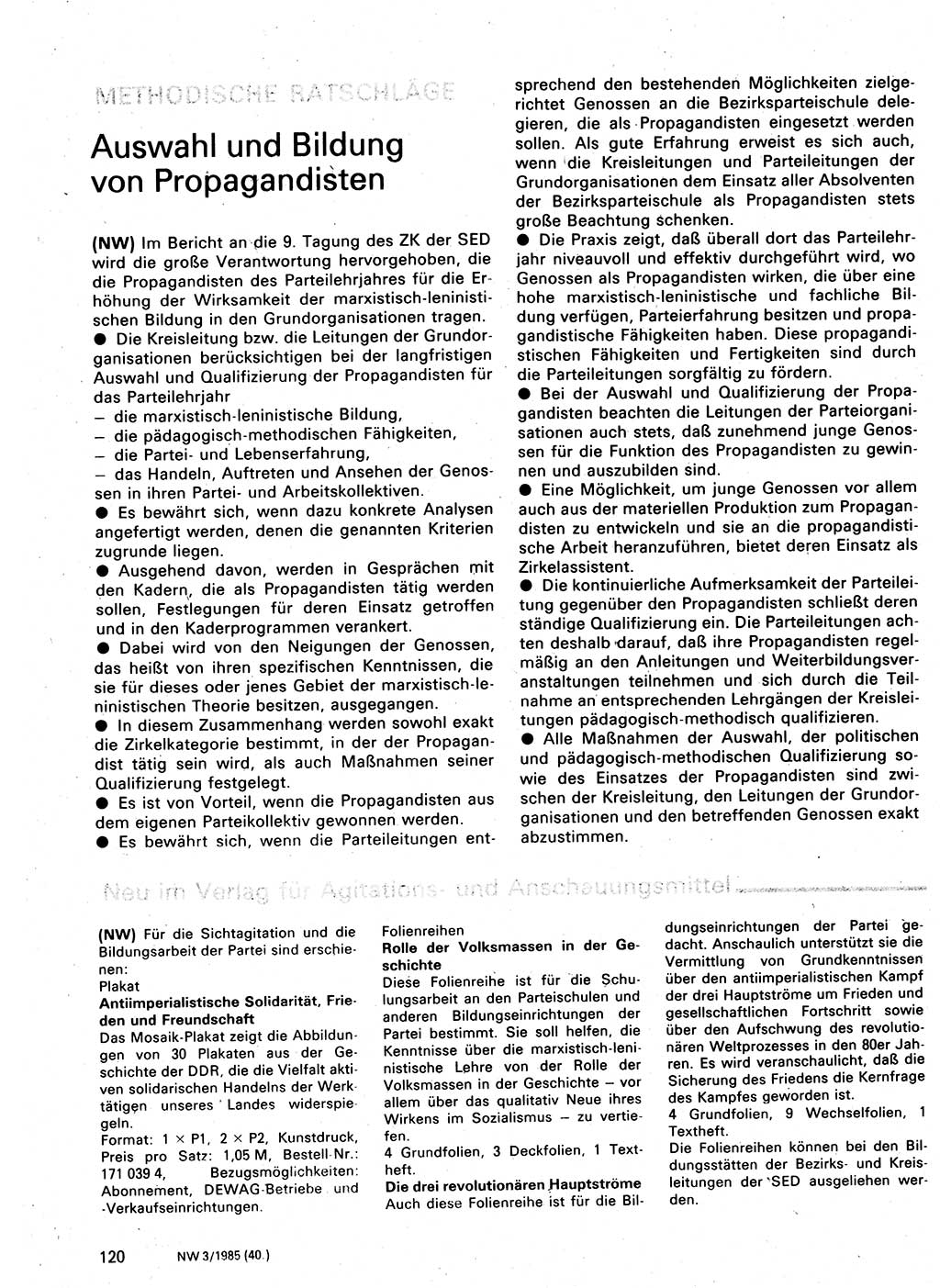 Neuer Weg (NW), Organ des Zentralkomitees (ZK) der SED (Sozialistische Einheitspartei Deutschlands) für Fragen des Parteilebens, 40. Jahrgang [Deutsche Demokratische Republik (DDR)] 1985, Seite 120 (NW ZK SED DDR 1985, S. 120)