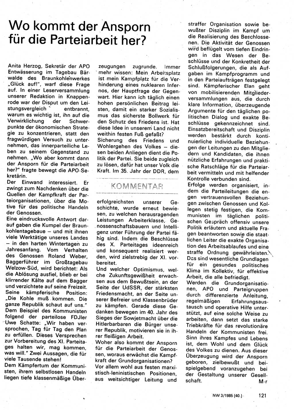 Neuer Weg (NW), Organ des Zentralkomitees (ZK) der SED (Sozialistische Einheitspartei Deutschlands) für Fragen des Parteilebens, 40. Jahrgang [Deutsche Demokratische Republik (DDR)] 1985, Seite 121 (NW ZK SED DDR 1985, S. 121)