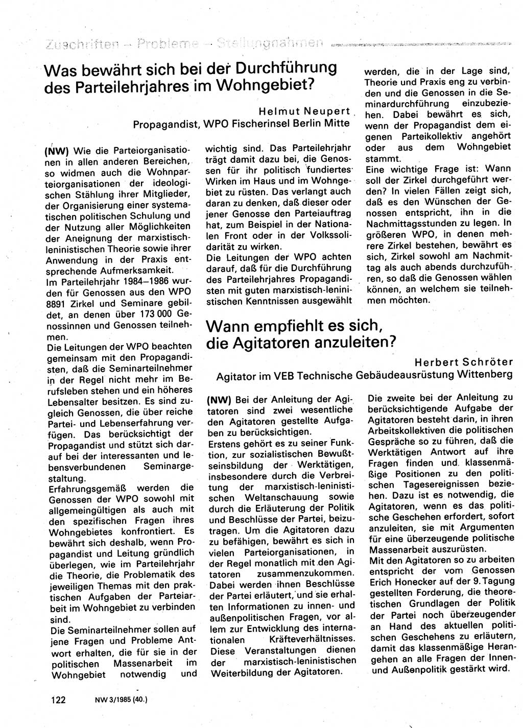 Neuer Weg (NW), Organ des Zentralkomitees (ZK) der SED (Sozialistische Einheitspartei Deutschlands) für Fragen des Parteilebens, 40. Jahrgang [Deutsche Demokratische Republik (DDR)] 1985, Seite 122 (NW ZK SED DDR 1985, S. 122)