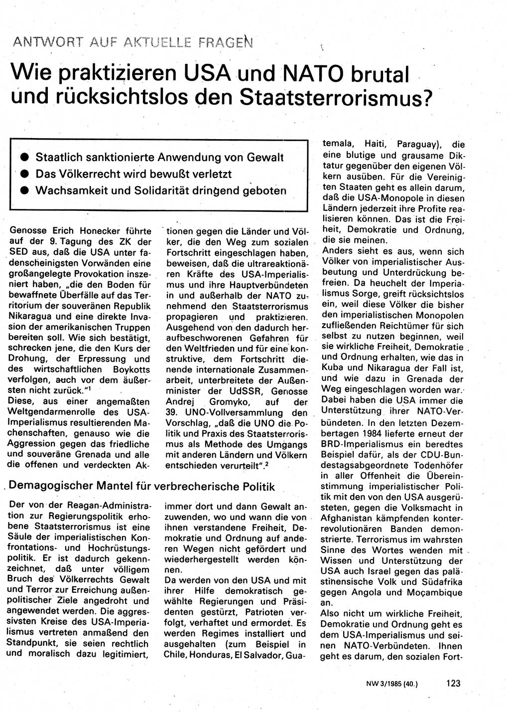 Neuer Weg (NW), Organ des Zentralkomitees (ZK) der SED (Sozialistische Einheitspartei Deutschlands) für Fragen des Parteilebens, 40. Jahrgang [Deutsche Demokratische Republik (DDR)] 1985, Seite 123 (NW ZK SED DDR 1985, S. 123)