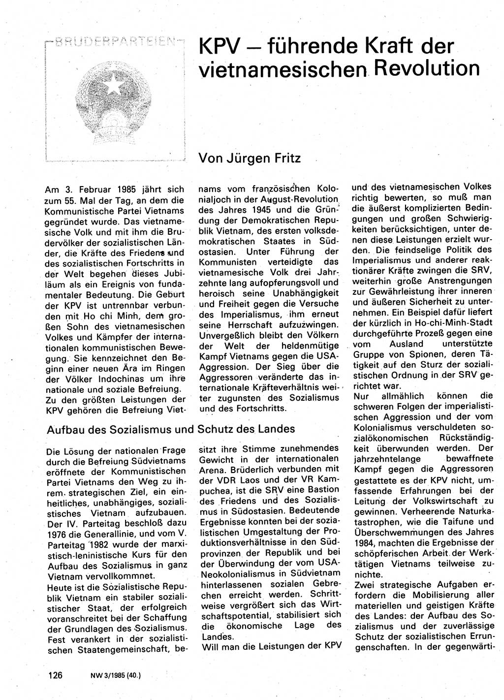 Neuer Weg (NW), Organ des Zentralkomitees (ZK) der SED (Sozialistische Einheitspartei Deutschlands) für Fragen des Parteilebens, 40. Jahrgang [Deutsche Demokratische Republik (DDR)] 1985, Seite 126 (NW ZK SED DDR 1985, S. 126)
