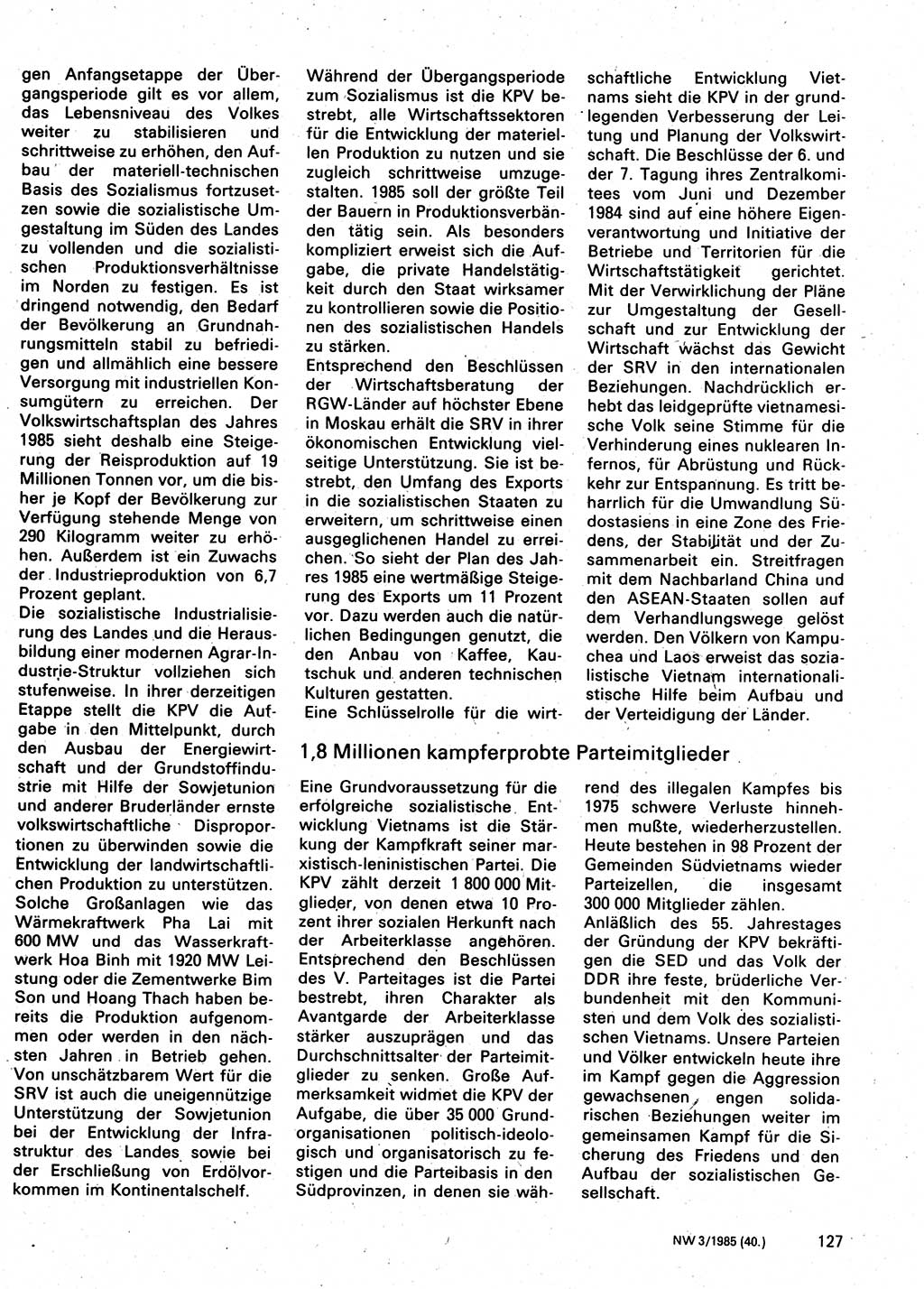 Neuer Weg (NW), Organ des Zentralkomitees (ZK) der SED (Sozialistische Einheitspartei Deutschlands) für Fragen des Parteilebens, 40. Jahrgang [Deutsche Demokratische Republik (DDR)] 1985, Seite 127 (NW ZK SED DDR 1985, S. 127)