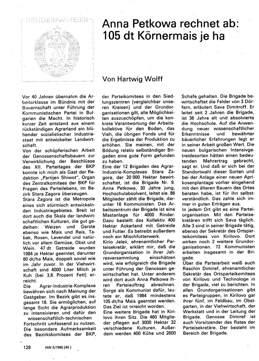 Neuer Weg (NW), Organ des Zentralkomitees (ZK) der SED (Sozialistische Einheitspartei Deutschlands) für Fragen des Parteilebens, 40. Jahrgang [Deutsche Demokratische Republik (DDR)] 1985, Seite 128 (NW ZK SED DDR 1985, S. 128)