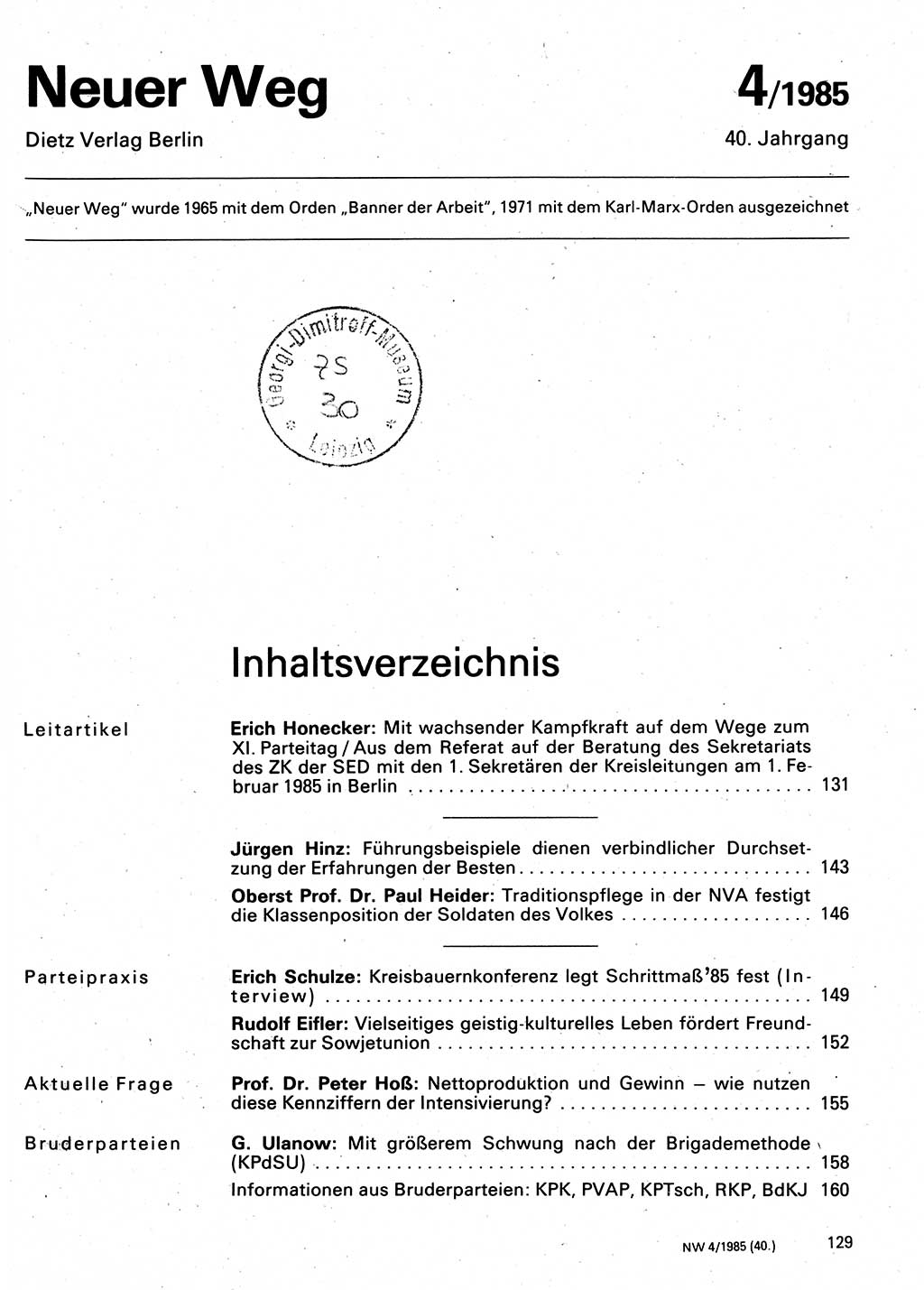 Neuer Weg (NW), Organ des Zentralkomitees (ZK) der SED (Sozialistische Einheitspartei Deutschlands) für Fragen des Parteilebens, 40. Jahrgang [Deutsche Demokratische Republik (DDR)] 1985, Seite 129 (NW ZK SED DDR 1985, S. 129)