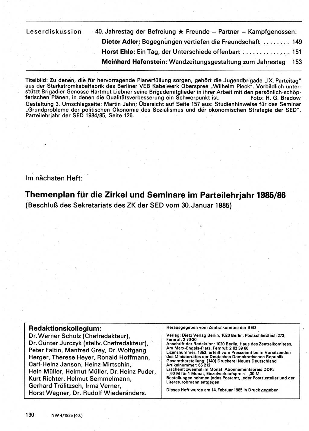 Neuer Weg (NW), Organ des Zentralkomitees (ZK) der SED (Sozialistische Einheitspartei Deutschlands) für Fragen des Parteilebens, 40. Jahrgang [Deutsche Demokratische Republik (DDR)] 1985, Seite 130 (NW ZK SED DDR 1985, S. 130)