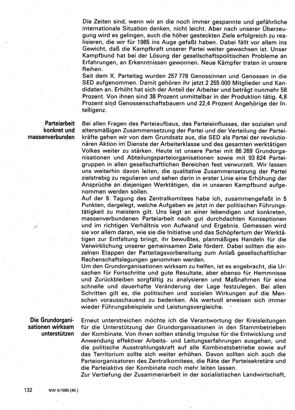 Neuer Weg (NW), Organ des Zentralkomitees (ZK) der SED (Sozialistische Einheitspartei Deutschlands) für Fragen des Parteilebens, 40. Jahrgang [Deutsche Demokratische Republik (DDR)] 1985, Seite 132 (NW ZK SED DDR 1985, S. 132)