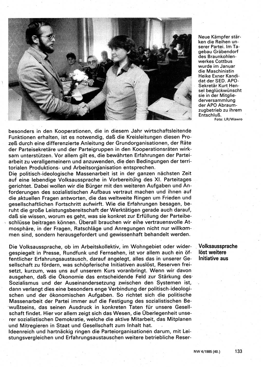 Neuer Weg (NW), Organ des Zentralkomitees (ZK) der SED (Sozialistische Einheitspartei Deutschlands) für Fragen des Parteilebens, 40. Jahrgang [Deutsche Demokratische Republik (DDR)] 1985, Seite 133 (NW ZK SED DDR 1985, S. 133)