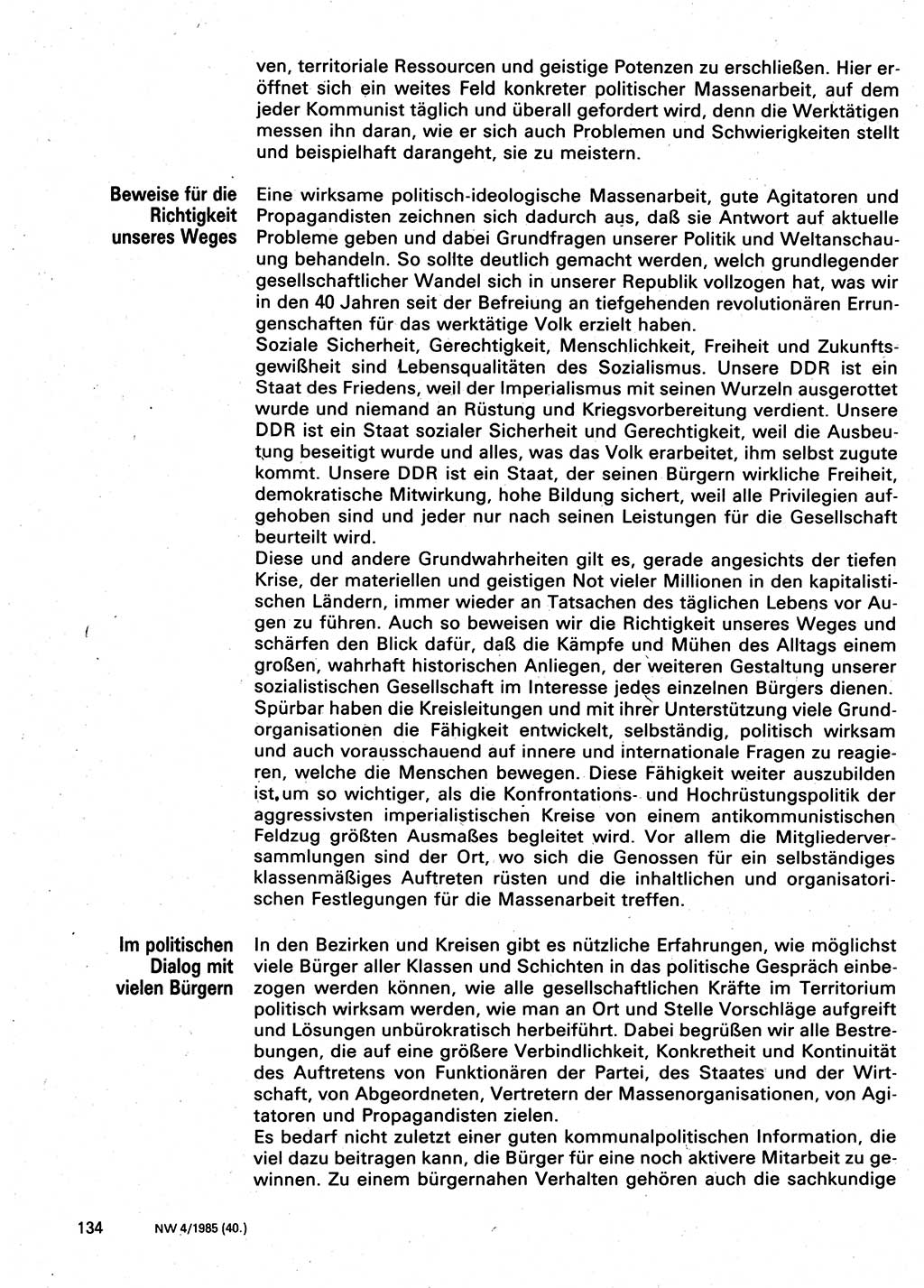 Neuer Weg (NW), Organ des Zentralkomitees (ZK) der SED (Sozialistische Einheitspartei Deutschlands) für Fragen des Parteilebens, 40. Jahrgang [Deutsche Demokratische Republik (DDR)] 1985, Seite 134 (NW ZK SED DDR 1985, S. 134)