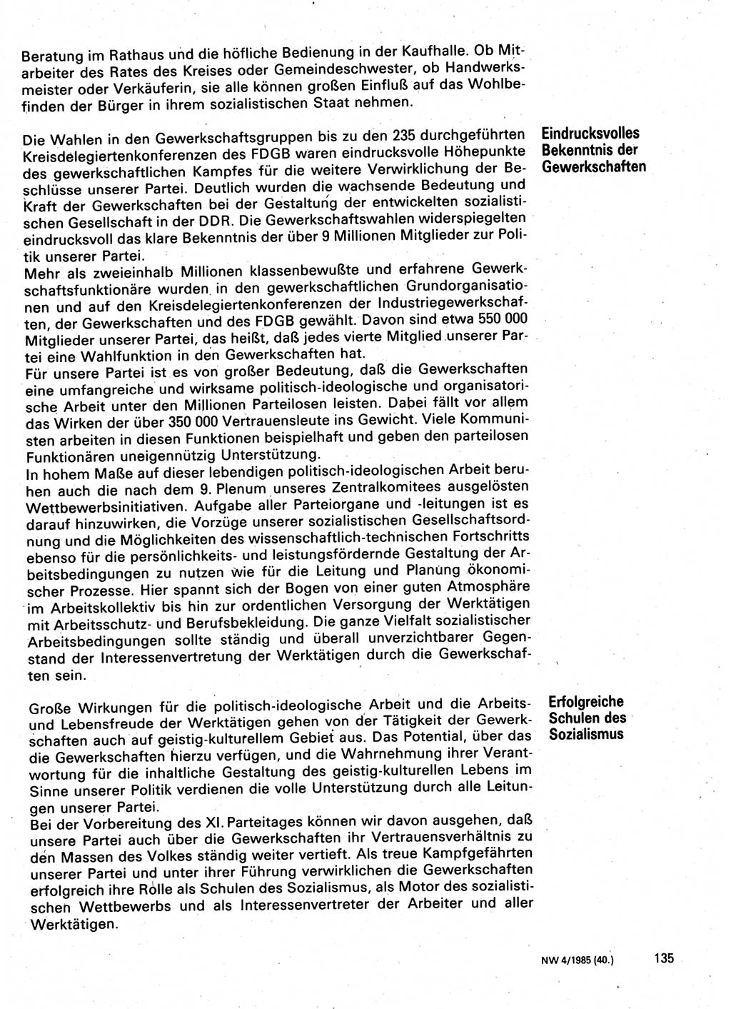 Neuer Weg (NW), Organ des Zentralkomitees (ZK) der SED (Sozialistische Einheitspartei Deutschlands) für Fragen des Parteilebens, 40. Jahrgang [Deutsche Demokratische Republik (DDR)] 1985, Seite 135 (NW ZK SED DDR 1985, S. 135)