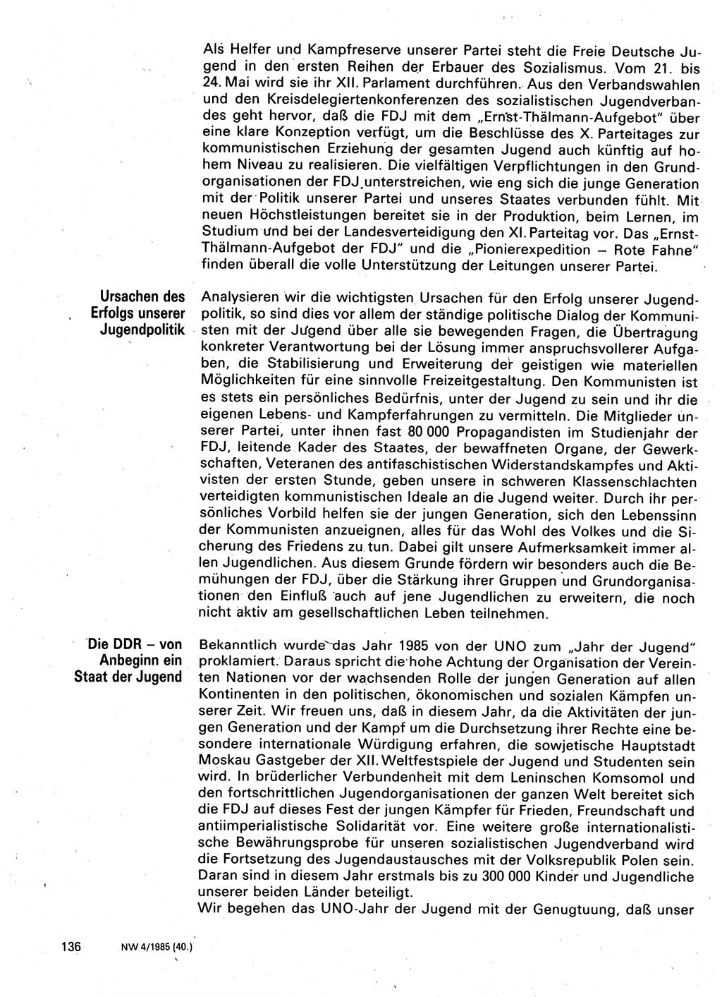Neuer Weg (NW), Organ des Zentralkomitees (ZK) der SED (Sozialistische Einheitspartei Deutschlands) für Fragen des Parteilebens, 40. Jahrgang [Deutsche Demokratische Republik (DDR)] 1985, Seite 136 (NW ZK SED DDR 1985, S. 136)