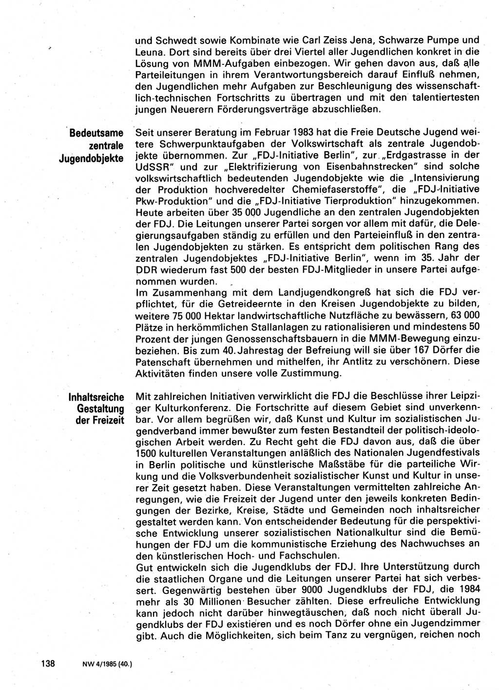 Neuer Weg (NW), Organ des Zentralkomitees (ZK) der SED (Sozialistische Einheitspartei Deutschlands) für Fragen des Parteilebens, 40. Jahrgang [Deutsche Demokratische Republik (DDR)] 1985, Seite 138 (NW ZK SED DDR 1985, S. 138)