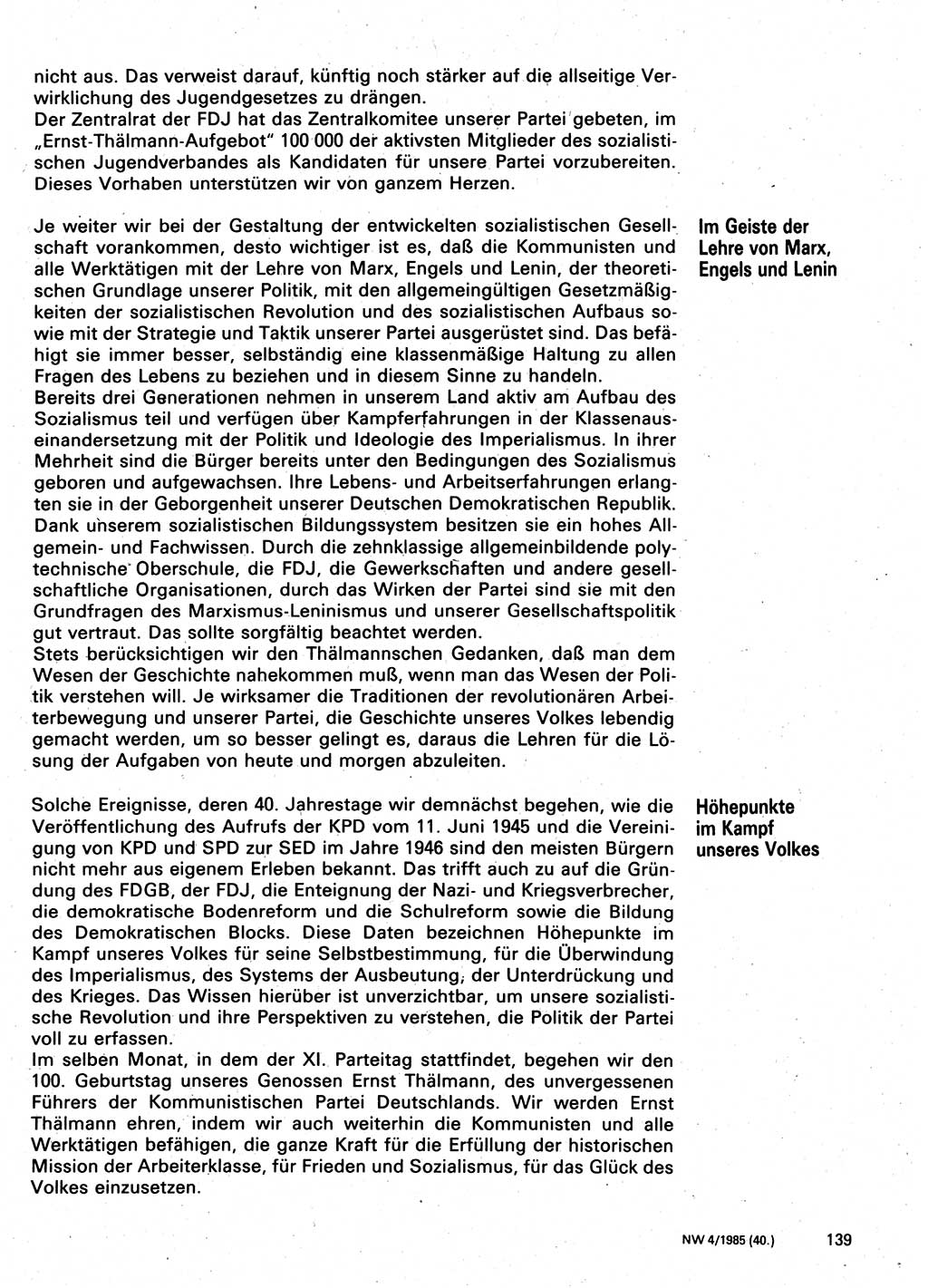 Neuer Weg (NW), Organ des Zentralkomitees (ZK) der SED (Sozialistische Einheitspartei Deutschlands) für Fragen des Parteilebens, 40. Jahrgang [Deutsche Demokratische Republik (DDR)] 1985, Seite 139 (NW ZK SED DDR 1985, S. 139)