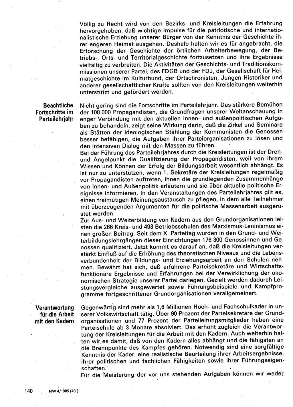 Neuer Weg (NW), Organ des Zentralkomitees (ZK) der SED (Sozialistische Einheitspartei Deutschlands) für Fragen des Parteilebens, 40. Jahrgang [Deutsche Demokratische Republik (DDR)] 1985, Seite 140 (NW ZK SED DDR 1985, S. 140)