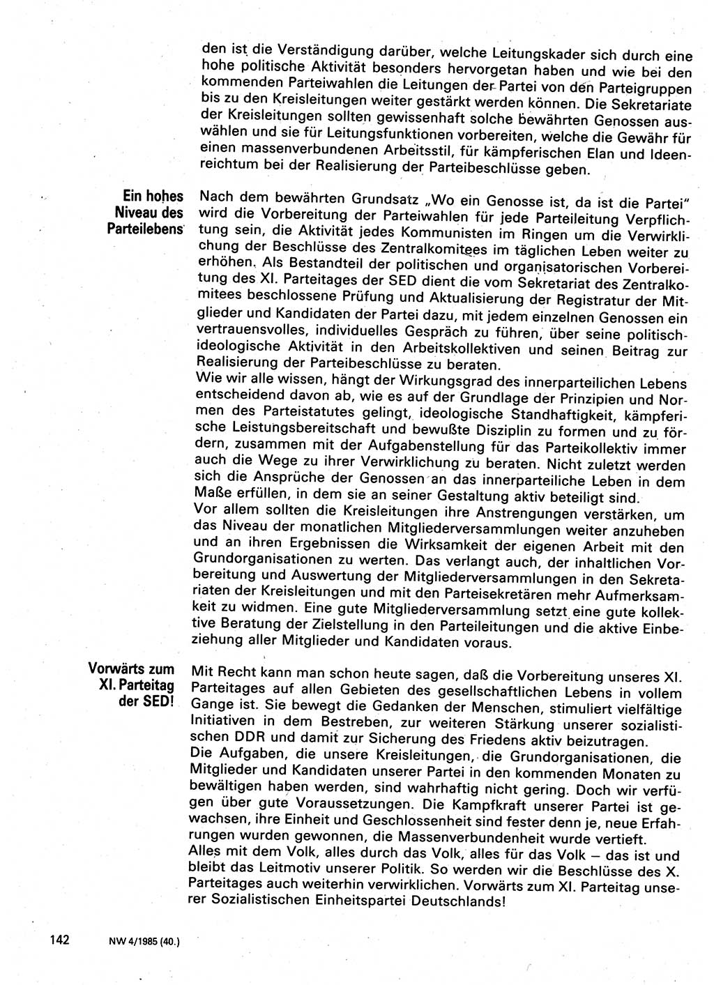 Neuer Weg (NW), Organ des Zentralkomitees (ZK) der SED (Sozialistische Einheitspartei Deutschlands) für Fragen des Parteilebens, 40. Jahrgang [Deutsche Demokratische Republik (DDR)] 1985, Seite 142 (NW ZK SED DDR 1985, S. 142)
