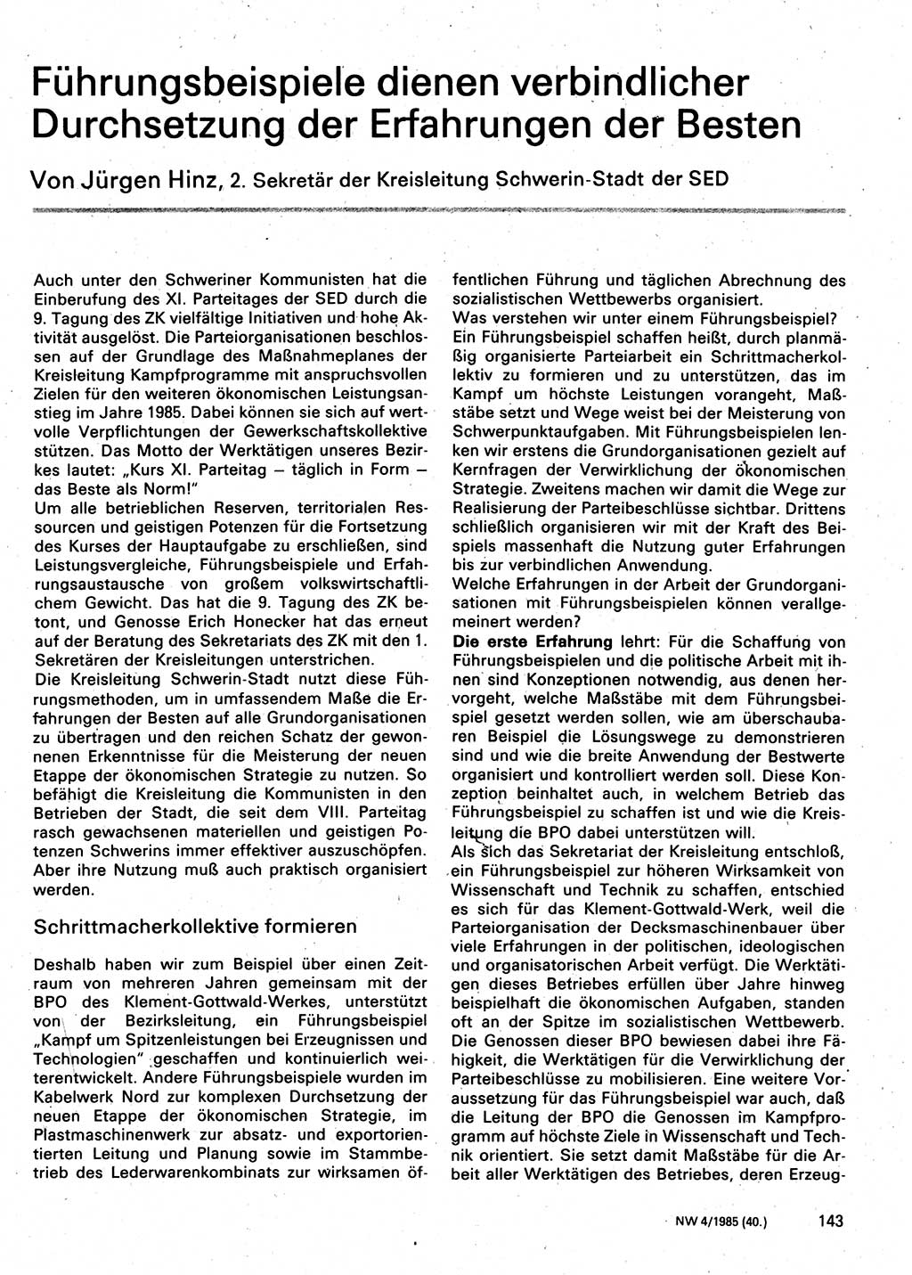 Neuer Weg (NW), Organ des Zentralkomitees (ZK) der SED (Sozialistische Einheitspartei Deutschlands) für Fragen des Parteilebens, 40. Jahrgang [Deutsche Demokratische Republik (DDR)] 1985, Seite 143 (NW ZK SED DDR 1985, S. 143)