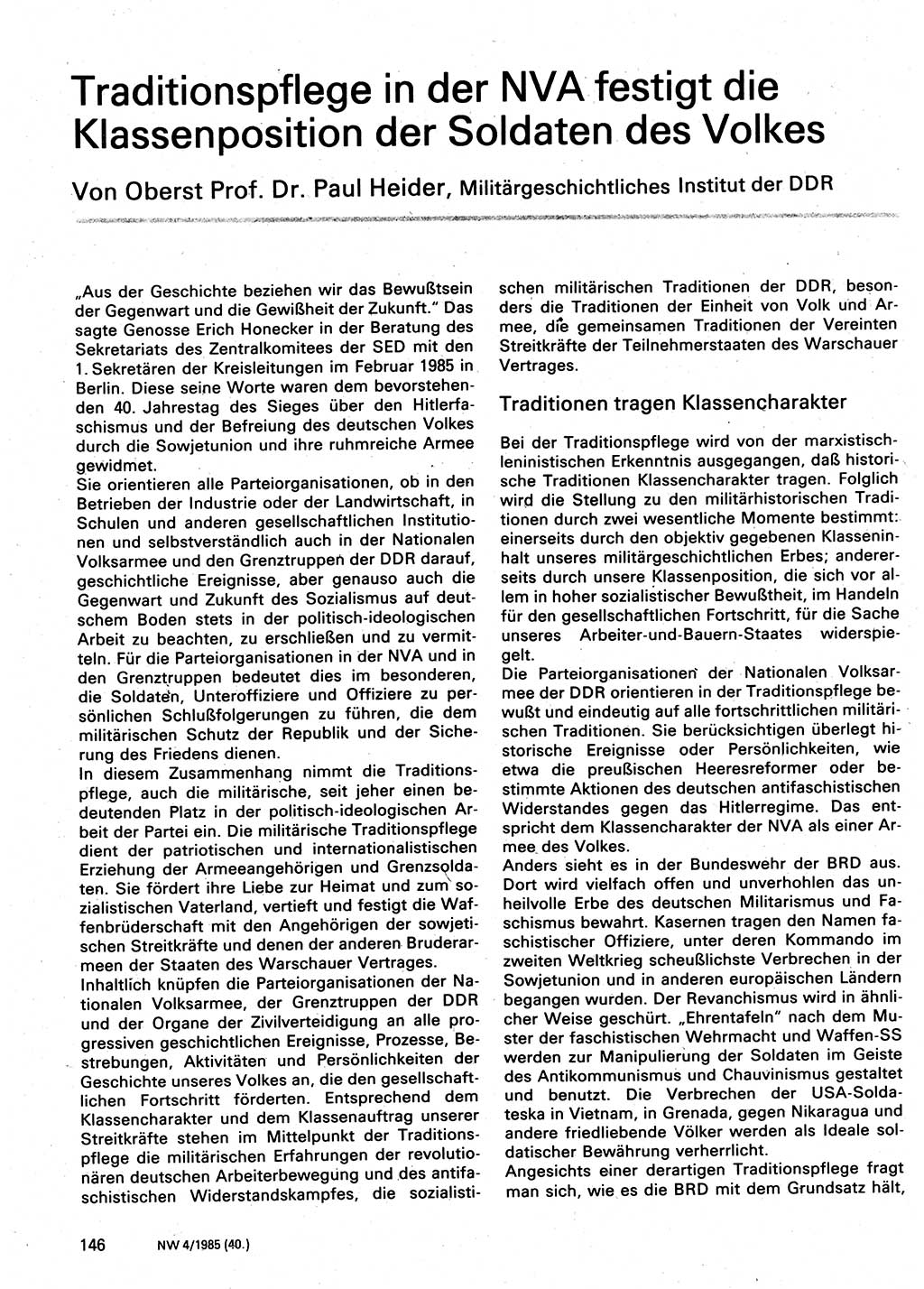 Neuer Weg (NW), Organ des Zentralkomitees (ZK) der SED (Sozialistische Einheitspartei Deutschlands) für Fragen des Parteilebens, 40. Jahrgang [Deutsche Demokratische Republik (DDR)] 1985, Seite 146 (NW ZK SED DDR 1985, S. 146)