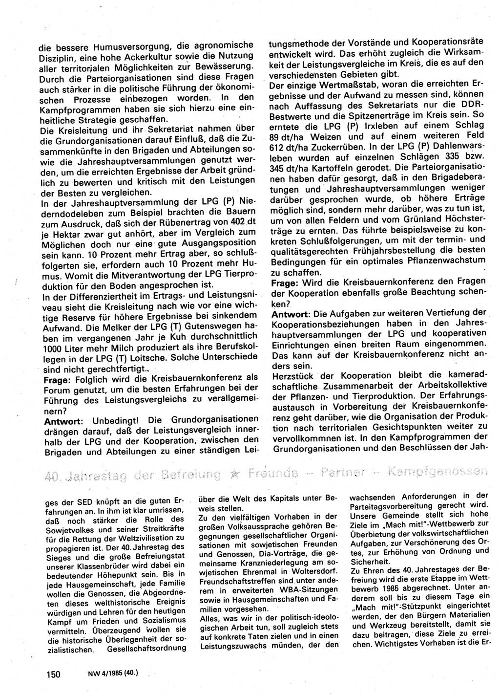 Neuer Weg (NW), Organ des Zentralkomitees (ZK) der SED (Sozialistische Einheitspartei Deutschlands) für Fragen des Parteilebens, 40. Jahrgang [Deutsche Demokratische Republik (DDR)] 1985, Seite 150 (NW ZK SED DDR 1985, S. 150)