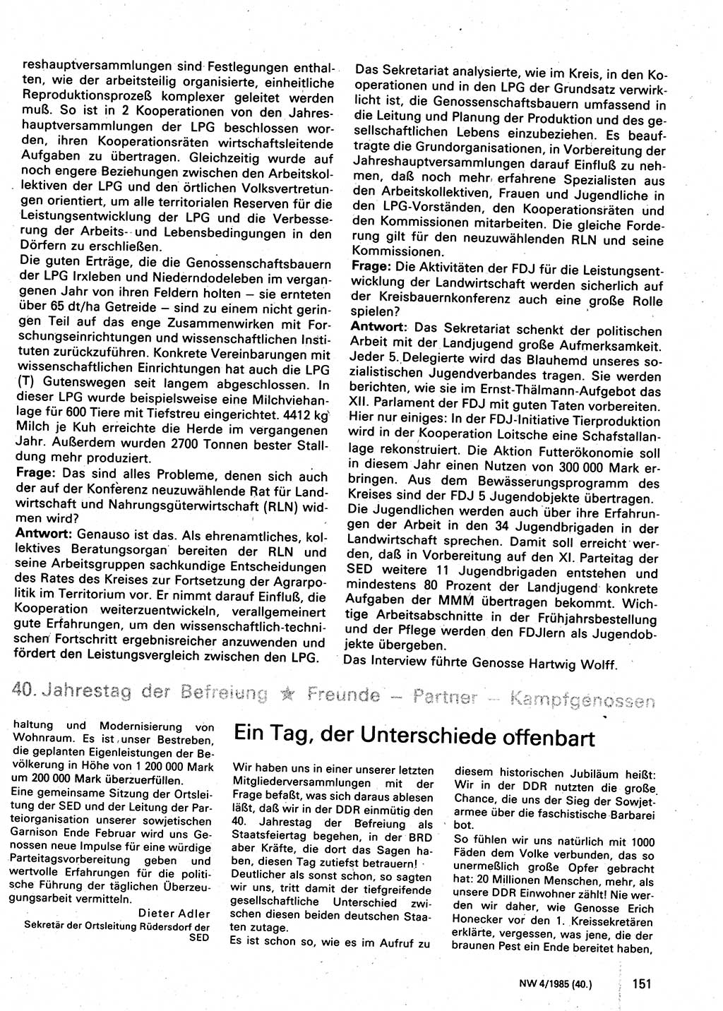 Neuer Weg (NW), Organ des Zentralkomitees (ZK) der SED (Sozialistische Einheitspartei Deutschlands) für Fragen des Parteilebens, 40. Jahrgang [Deutsche Demokratische Republik (DDR)] 1985, Seite 151 (NW ZK SED DDR 1985, S. 151)