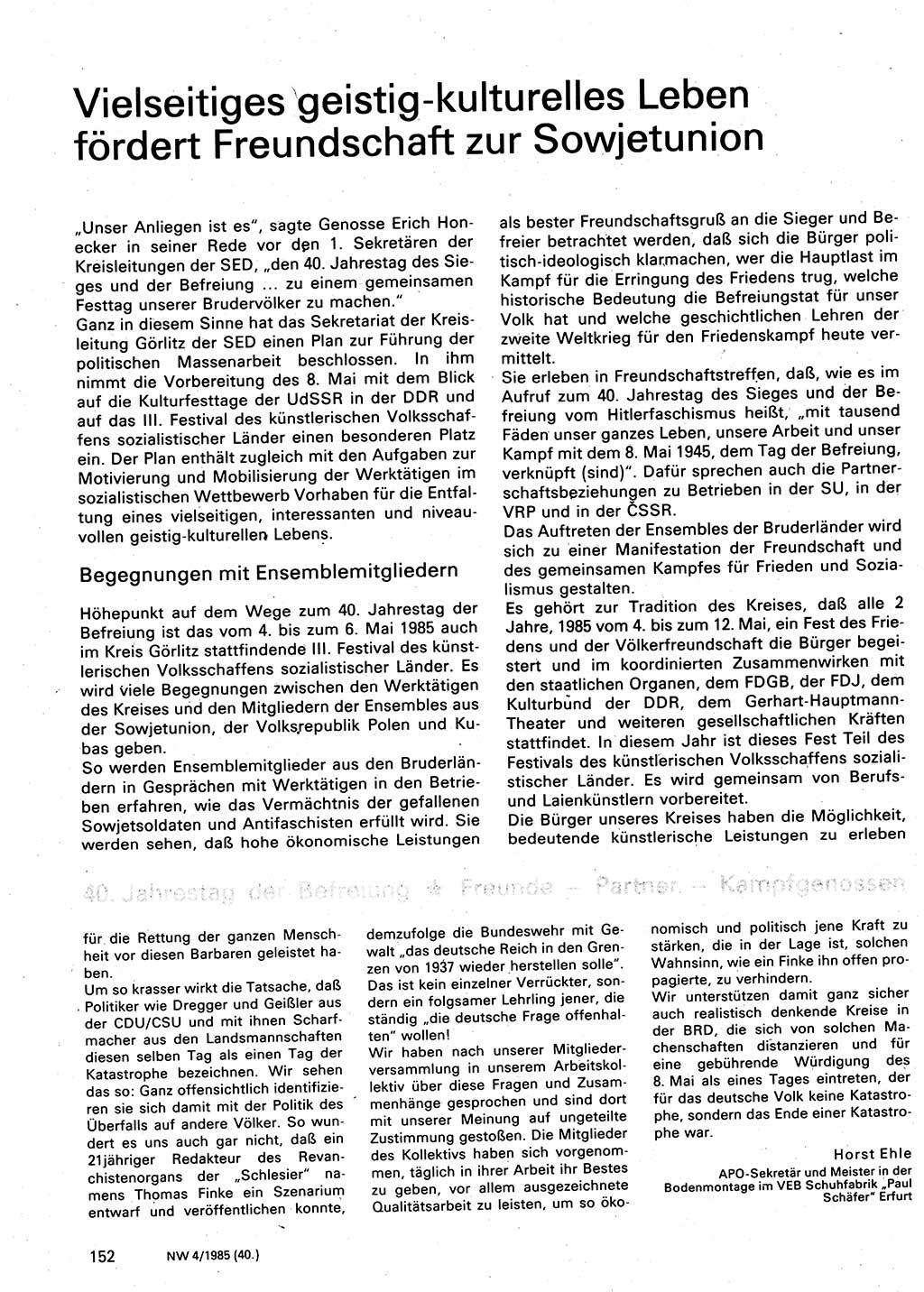 Neuer Weg (NW), Organ des Zentralkomitees (ZK) der SED (Sozialistische Einheitspartei Deutschlands) für Fragen des Parteilebens, 40. Jahrgang [Deutsche Demokratische Republik (DDR)] 1985, Seite 152 (NW ZK SED DDR 1985, S. 152)