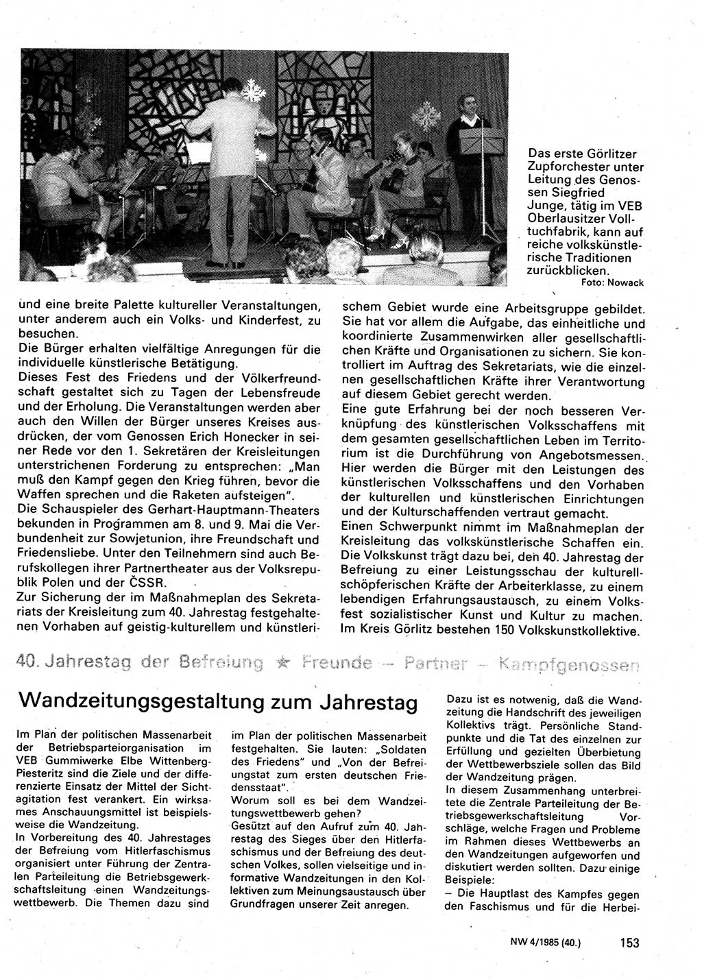 Neuer Weg (NW), Organ des Zentralkomitees (ZK) der SED (Sozialistische Einheitspartei Deutschlands) für Fragen des Parteilebens, 40. Jahrgang [Deutsche Demokratische Republik (DDR)] 1985, Seite 153 (NW ZK SED DDR 1985, S. 153)