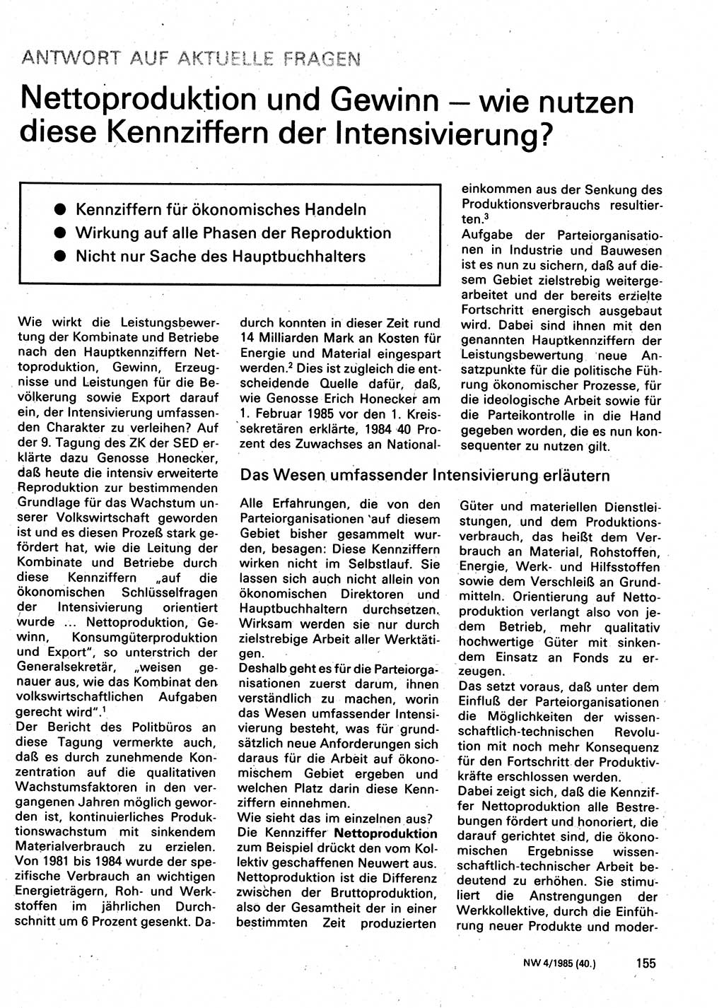 Neuer Weg (NW), Organ des Zentralkomitees (ZK) der SED (Sozialistische Einheitspartei Deutschlands) für Fragen des Parteilebens, 40. Jahrgang [Deutsche Demokratische Republik (DDR)] 1985, Seite 155 (NW ZK SED DDR 1985, S. 155)