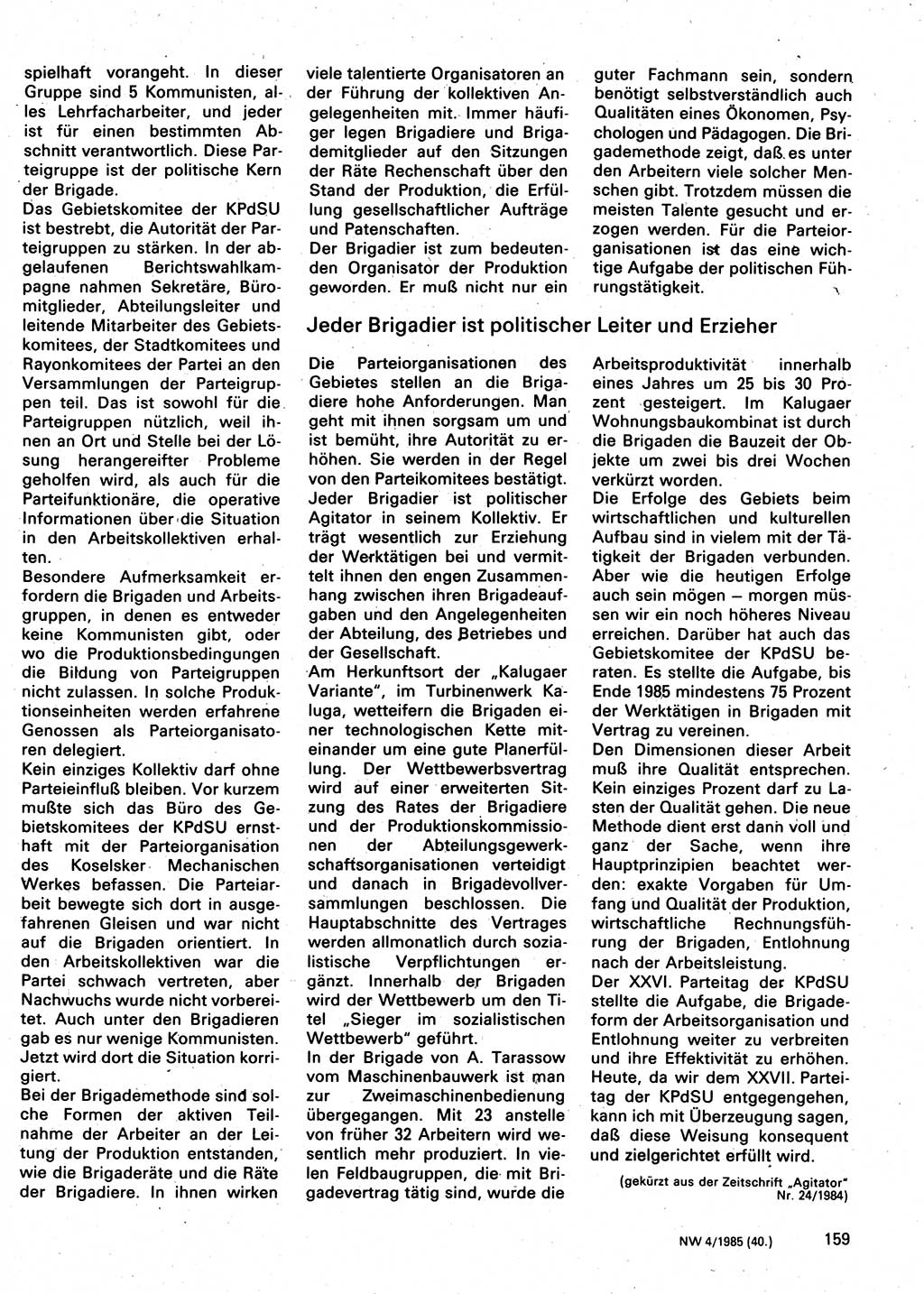Neuer Weg (NW), Organ des Zentralkomitees (ZK) der SED (Sozialistische Einheitspartei Deutschlands) für Fragen des Parteilebens, 40. Jahrgang [Deutsche Demokratische Republik (DDR)] 1985, Seite 159 (NW ZK SED DDR 1985, S. 159)