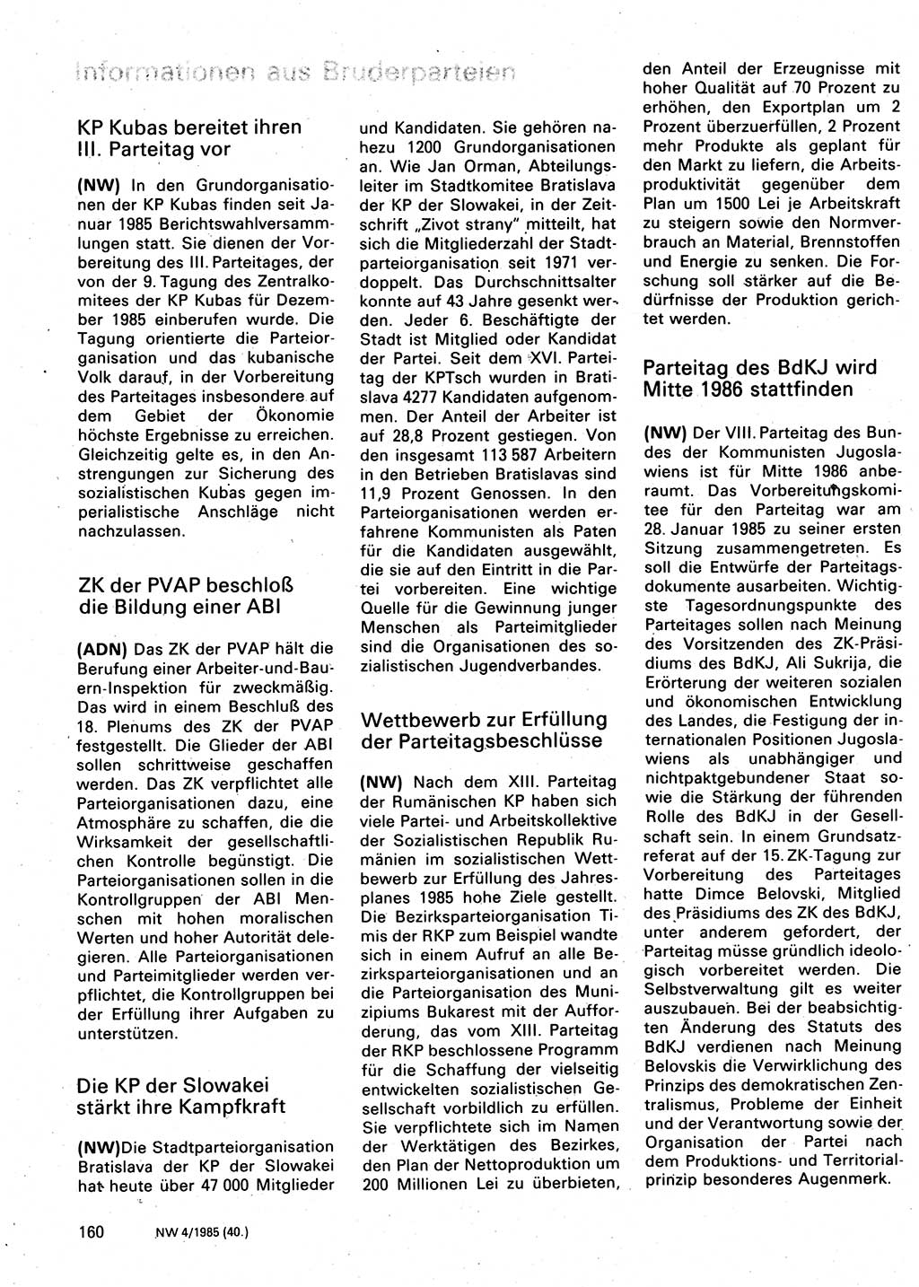 Neuer Weg (NW), Organ des Zentralkomitees (ZK) der SED (Sozialistische Einheitspartei Deutschlands) für Fragen des Parteilebens, 40. Jahrgang [Deutsche Demokratische Republik (DDR)] 1985, Seite 160 (NW ZK SED DDR 1985, S. 160)