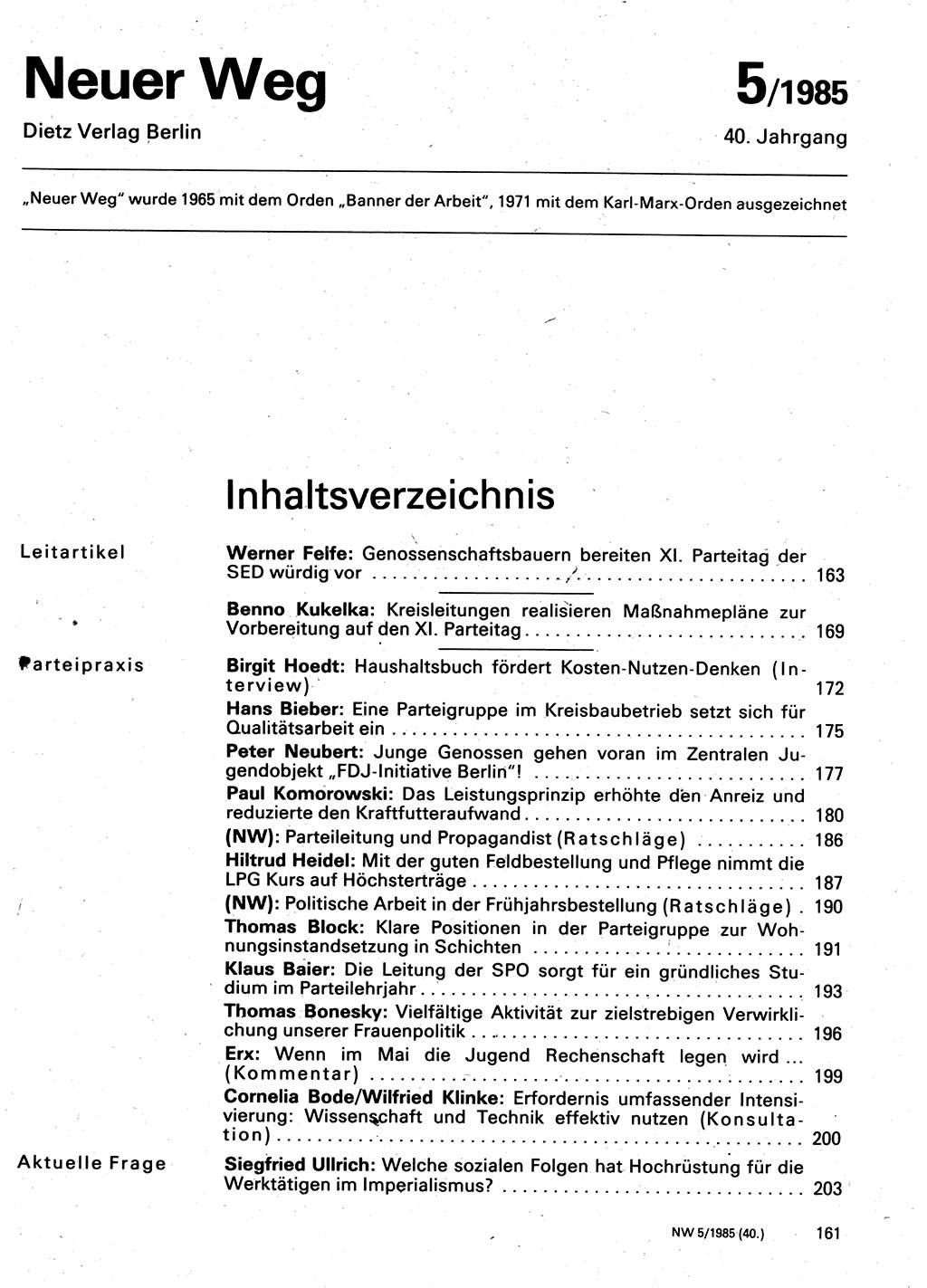 Neuer Weg (NW), Organ des Zentralkomitees (ZK) der SED (Sozialistische Einheitspartei Deutschlands) für Fragen des Parteilebens, 40. Jahrgang [Deutsche Demokratische Republik (DDR)] 1985, Seite 161 (NW ZK SED DDR 1985, S. 161)
