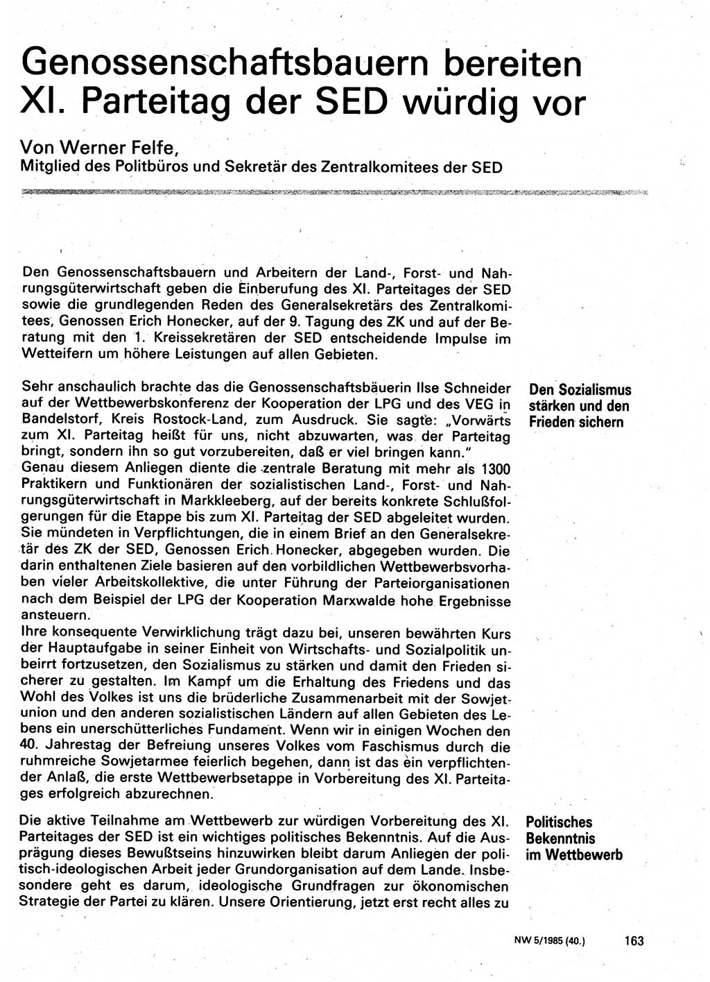 Neuer Weg (NW), Organ des Zentralkomitees (ZK) der SED (Sozialistische Einheitspartei Deutschlands) für Fragen des Parteilebens, 40. Jahrgang [Deutsche Demokratische Republik (DDR)] 1985, Seite 163 (NW ZK SED DDR 1985, S. 163)