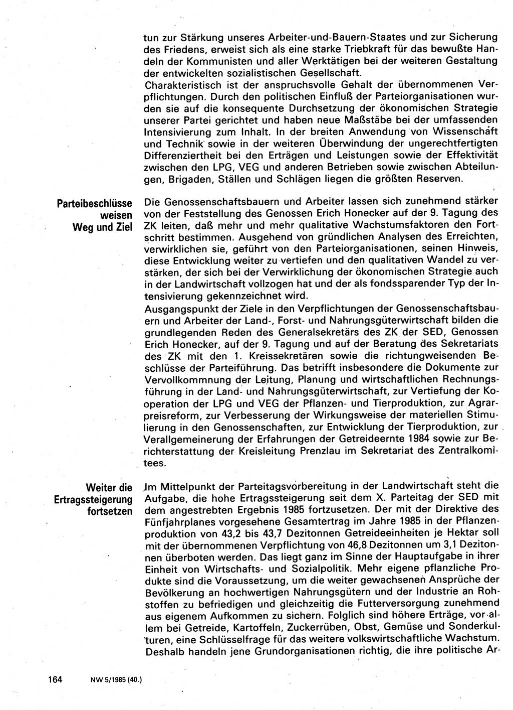 Neuer Weg (NW), Organ des Zentralkomitees (ZK) der SED (Sozialistische Einheitspartei Deutschlands) für Fragen des Parteilebens, 40. Jahrgang [Deutsche Demokratische Republik (DDR)] 1985, Seite 164 (NW ZK SED DDR 1985, S. 164)