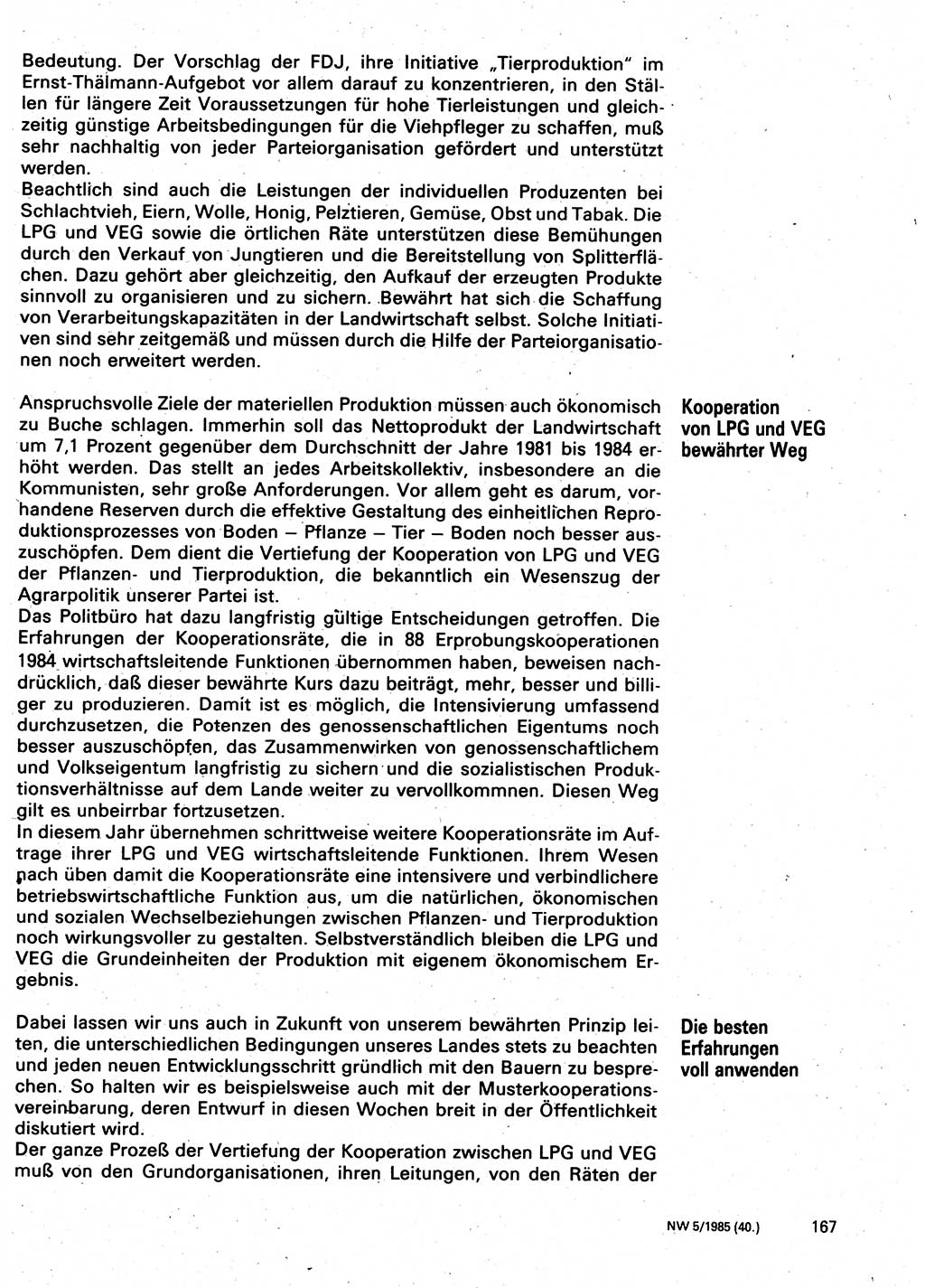 Neuer Weg (NW), Organ des Zentralkomitees (ZK) der SED (Sozialistische Einheitspartei Deutschlands) für Fragen des Parteilebens, 40. Jahrgang [Deutsche Demokratische Republik (DDR)] 1985, Seite 167 (NW ZK SED DDR 1985, S. 167)