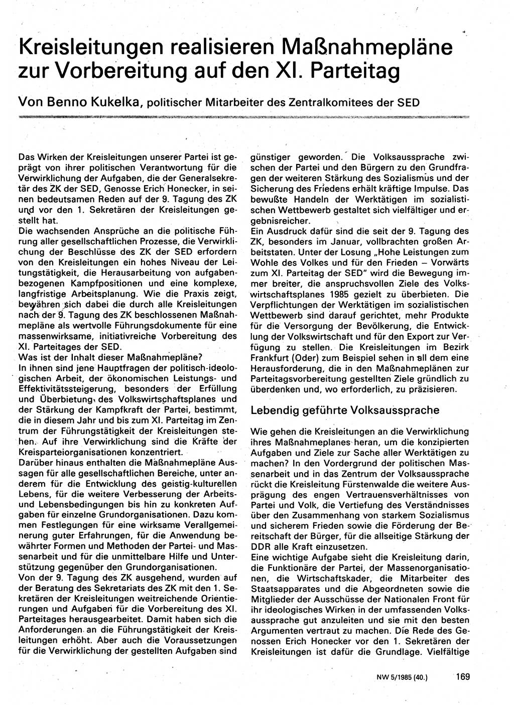 Neuer Weg (NW), Organ des Zentralkomitees (ZK) der SED (Sozialistische Einheitspartei Deutschlands) für Fragen des Parteilebens, 40. Jahrgang [Deutsche Demokratische Republik (DDR)] 1985, Seite 169 (NW ZK SED DDR 1985, S. 169)