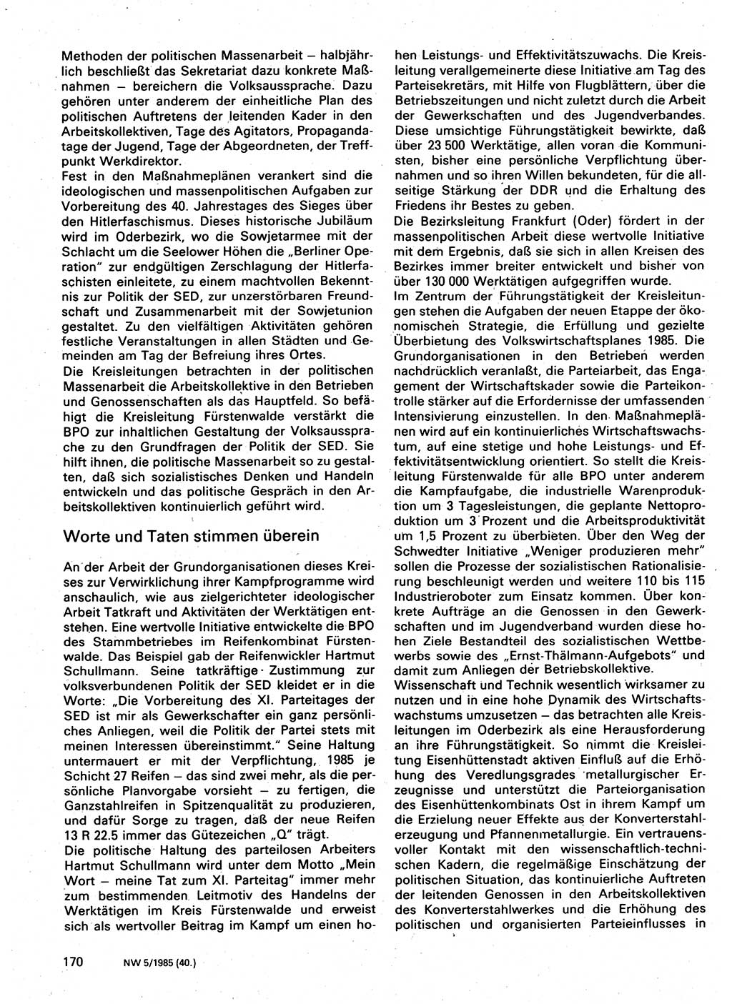Neuer Weg (NW), Organ des Zentralkomitees (ZK) der SED (Sozialistische Einheitspartei Deutschlands) für Fragen des Parteilebens, 40. Jahrgang [Deutsche Demokratische Republik (DDR)] 1985, Seite 170 (NW ZK SED DDR 1985, S. 170)