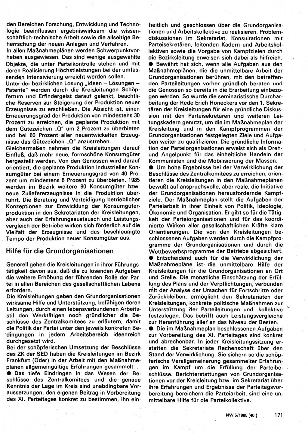 Neuer Weg (NW), Organ des Zentralkomitees (ZK) der SED (Sozialistische Einheitspartei Deutschlands) für Fragen des Parteilebens, 40. Jahrgang [Deutsche Demokratische Republik (DDR)] 1985, Seite 171 (NW ZK SED DDR 1985, S. 171)