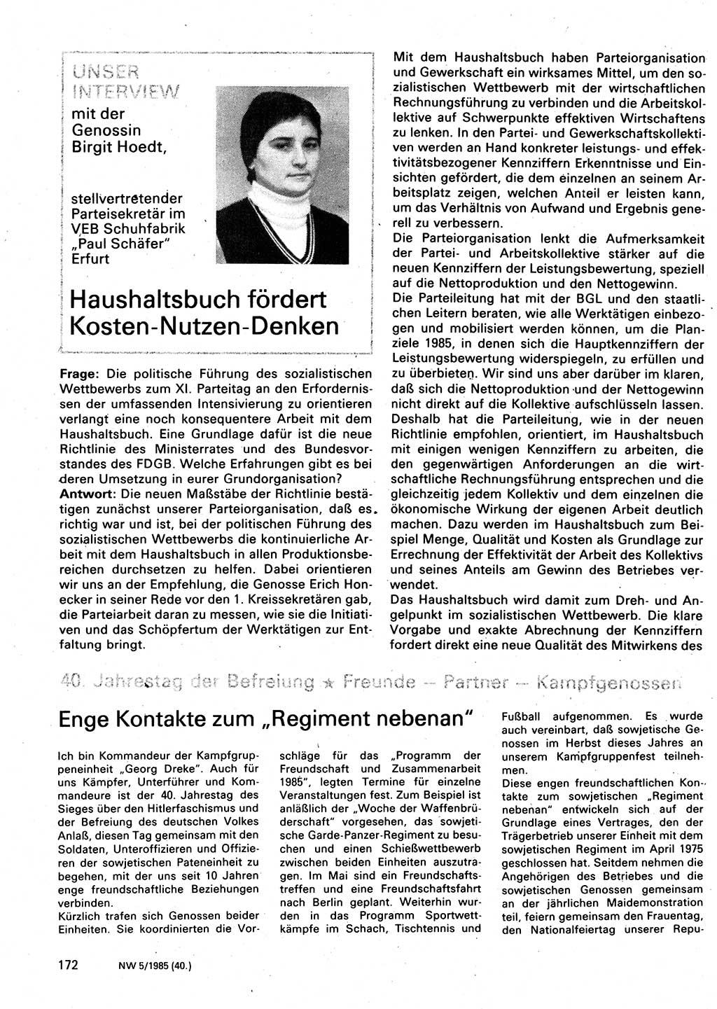 Neuer Weg (NW), Organ des Zentralkomitees (ZK) der SED (Sozialistische Einheitspartei Deutschlands) für Fragen des Parteilebens, 40. Jahrgang [Deutsche Demokratische Republik (DDR)] 1985, Seite 172 (NW ZK SED DDR 1985, S. 172)