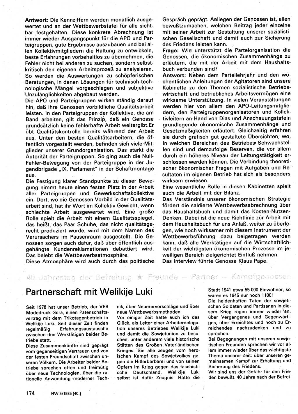 Neuer Weg (NW), Organ des Zentralkomitees (ZK) der SED (Sozialistische Einheitspartei Deutschlands) für Fragen des Parteilebens, 40. Jahrgang [Deutsche Demokratische Republik (DDR)] 1985, Seite 174 (NW ZK SED DDR 1985, S. 174)