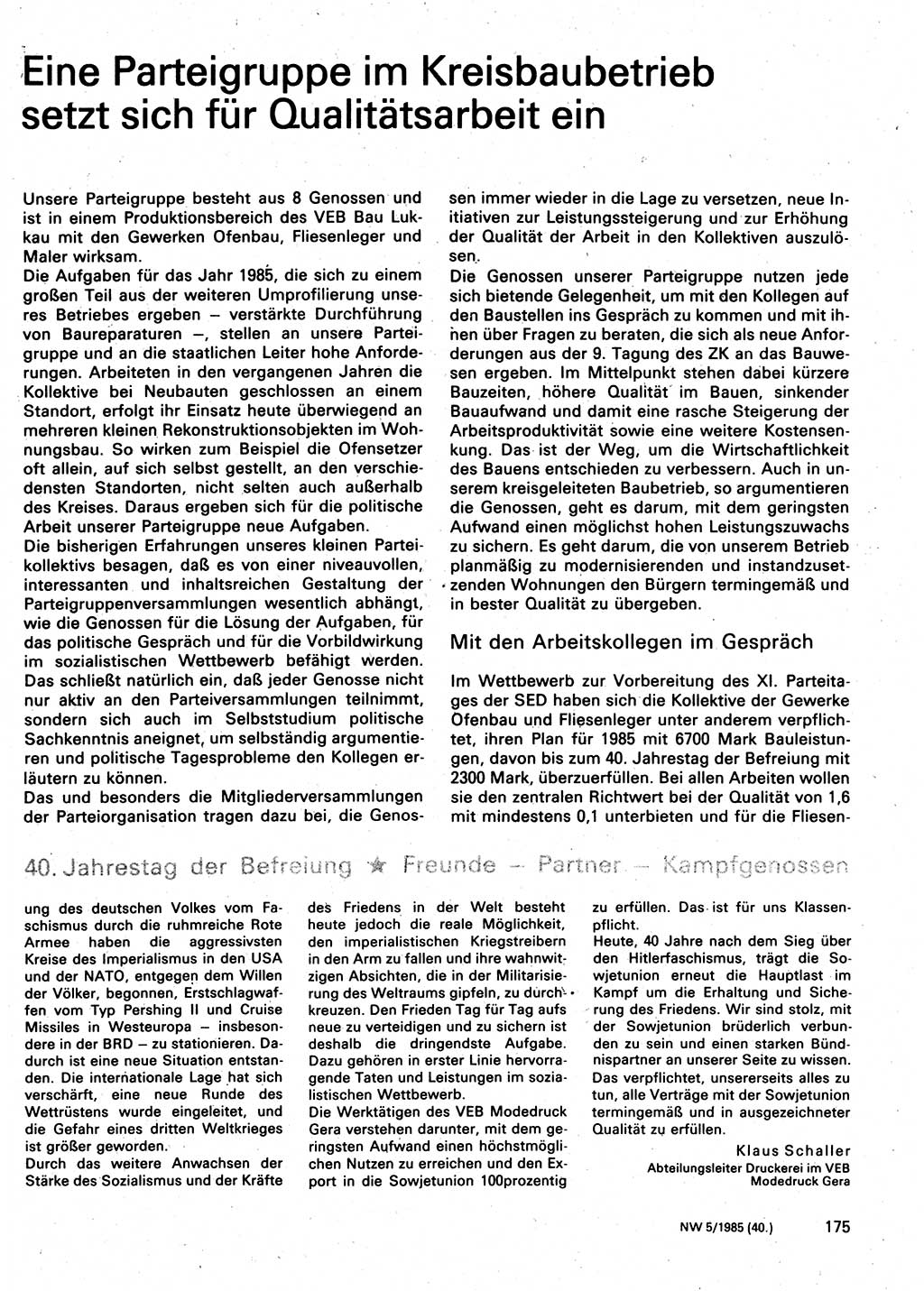 Neuer Weg (NW), Organ des Zentralkomitees (ZK) der SED (Sozialistische Einheitspartei Deutschlands) für Fragen des Parteilebens, 40. Jahrgang [Deutsche Demokratische Republik (DDR)] 1985, Seite 175 (NW ZK SED DDR 1985, S. 175)