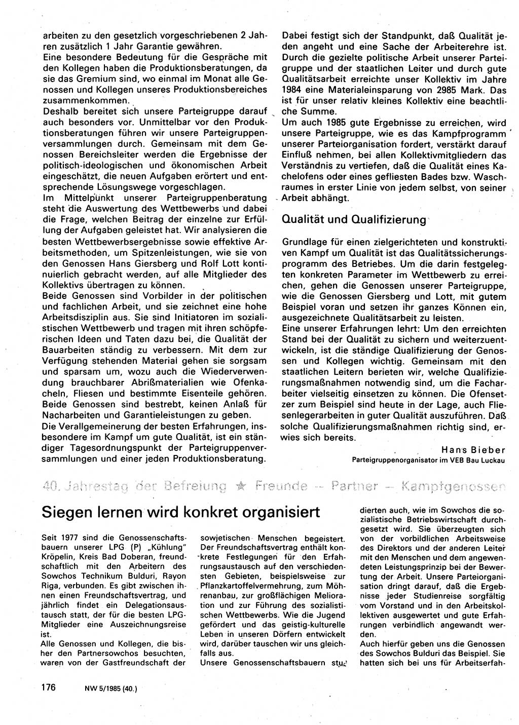 Neuer Weg (NW), Organ des Zentralkomitees (ZK) der SED (Sozialistische Einheitspartei Deutschlands) für Fragen des Parteilebens, 40. Jahrgang [Deutsche Demokratische Republik (DDR)] 1985, Seite 176 (NW ZK SED DDR 1985, S. 176)