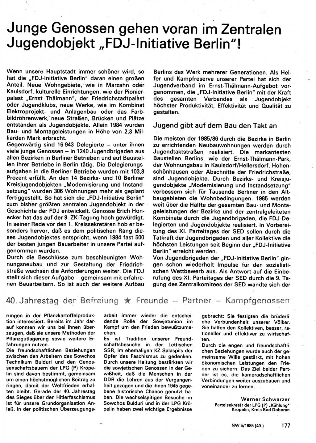 Neuer Weg (NW), Organ des Zentralkomitees (ZK) der SED (Sozialistische Einheitspartei Deutschlands) für Fragen des Parteilebens, 40. Jahrgang [Deutsche Demokratische Republik (DDR)] 1985, Seite 177 (NW ZK SED DDR 1985, S. 177)