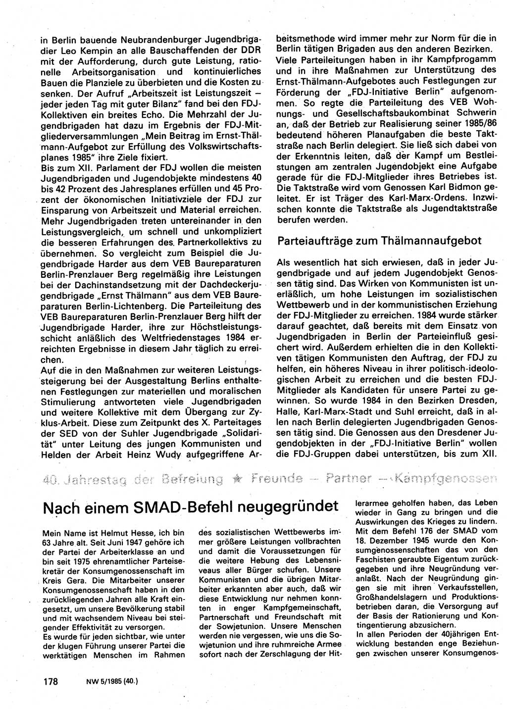Neuer Weg (NW), Organ des Zentralkomitees (ZK) der SED (Sozialistische Einheitspartei Deutschlands) für Fragen des Parteilebens, 40. Jahrgang [Deutsche Demokratische Republik (DDR)] 1985, Seite 178 (NW ZK SED DDR 1985, S. 178)