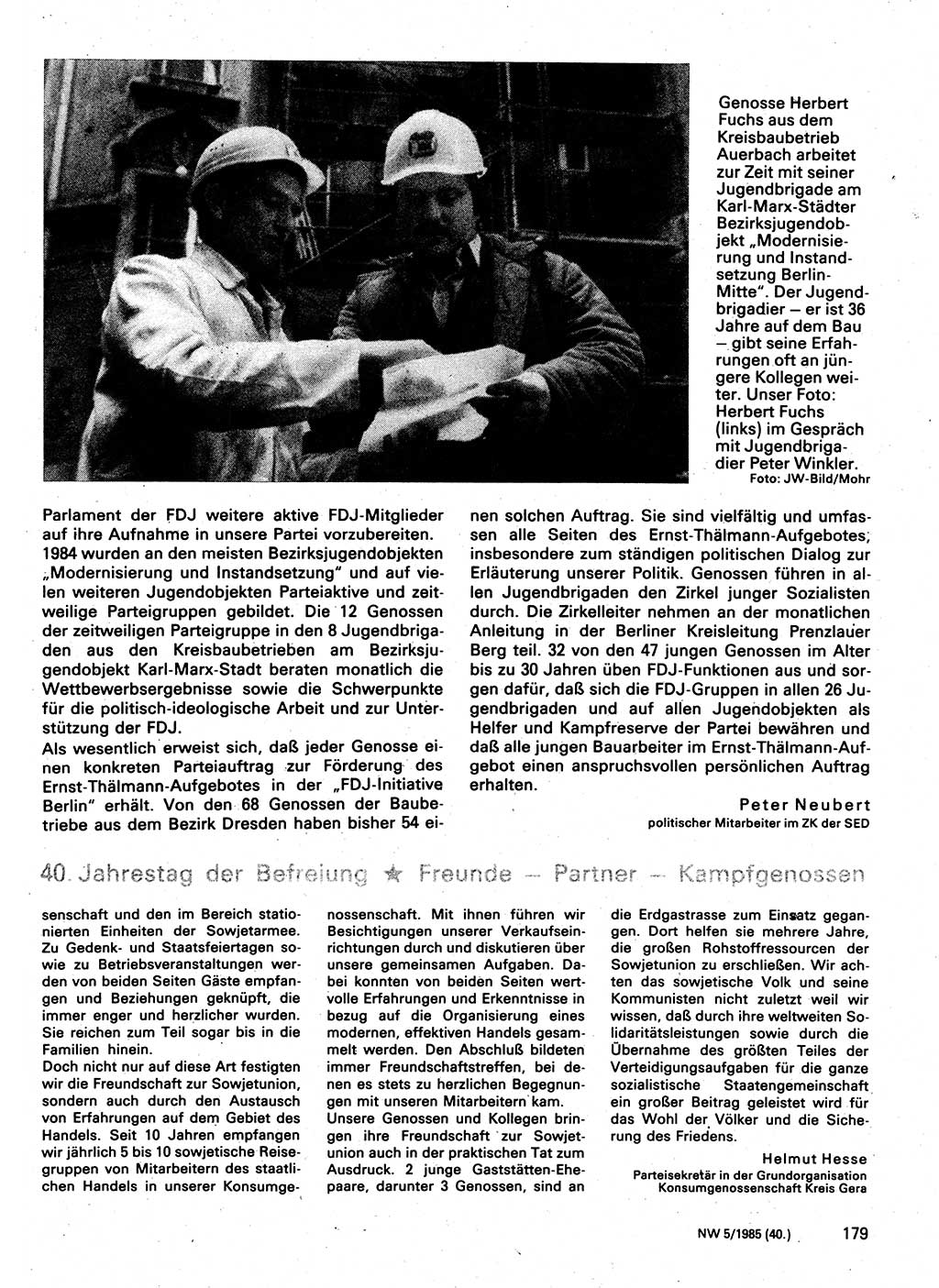 Neuer Weg (NW), Organ des Zentralkomitees (ZK) der SED (Sozialistische Einheitspartei Deutschlands) für Fragen des Parteilebens, 40. Jahrgang [Deutsche Demokratische Republik (DDR)] 1985, Seite 179 (NW ZK SED DDR 1985, S. 179)