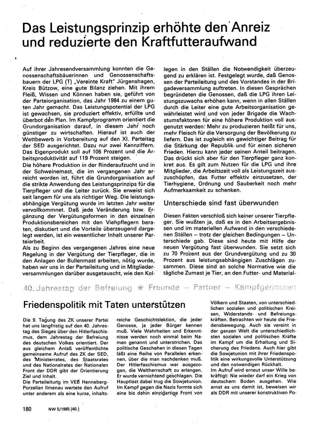 Neuer Weg (NW), Organ des Zentralkomitees (ZK) der SED (Sozialistische Einheitspartei Deutschlands) für Fragen des Parteilebens, 40. Jahrgang [Deutsche Demokratische Republik (DDR)] 1985, Seite 180 (NW ZK SED DDR 1985, S. 180)