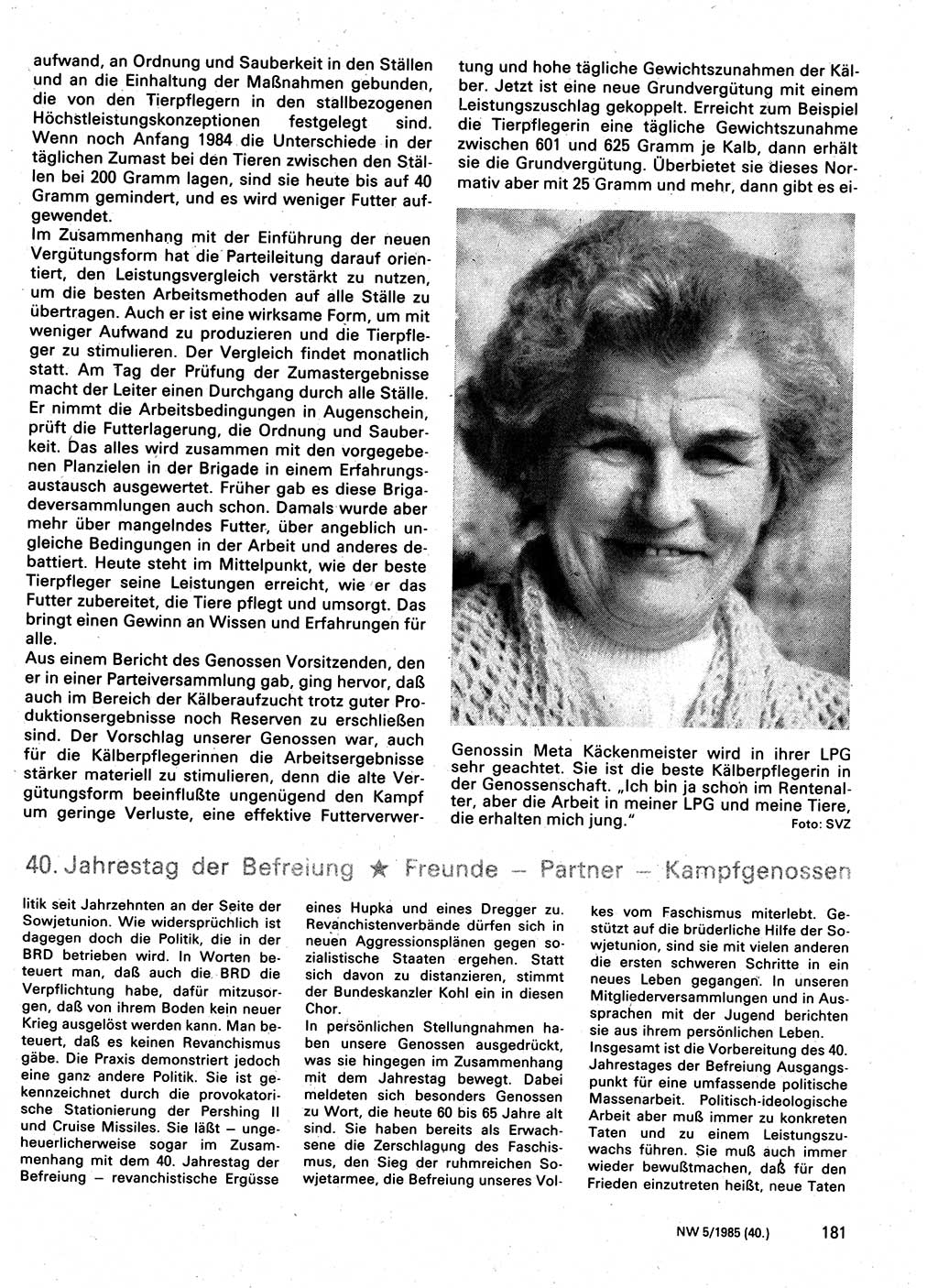 Neuer Weg (NW), Organ des Zentralkomitees (ZK) der SED (Sozialistische Einheitspartei Deutschlands) für Fragen des Parteilebens, 40. Jahrgang [Deutsche Demokratische Republik (DDR)] 1985, Seite 181 (NW ZK SED DDR 1985, S. 181)