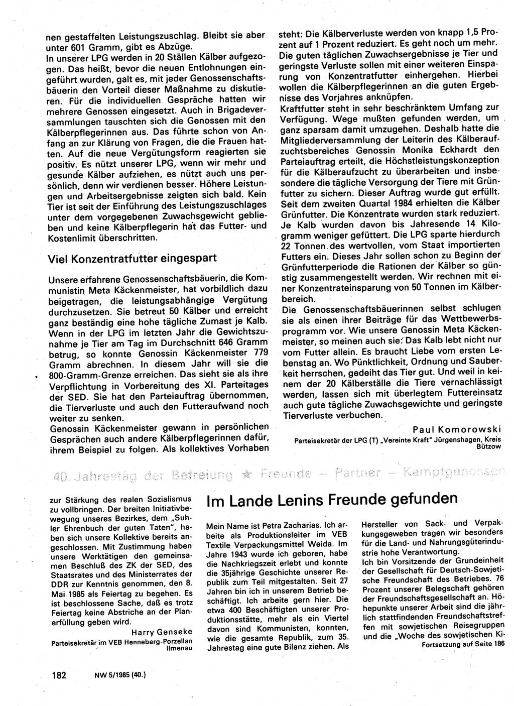 Neuer Weg (NW), Organ des Zentralkomitees (ZK) der SED (Sozialistische Einheitspartei Deutschlands) für Fragen des Parteilebens, 40. Jahrgang [Deutsche Demokratische Republik (DDR)] 1985, Seite 182 (NW ZK SED DDR 1985, S. 182)