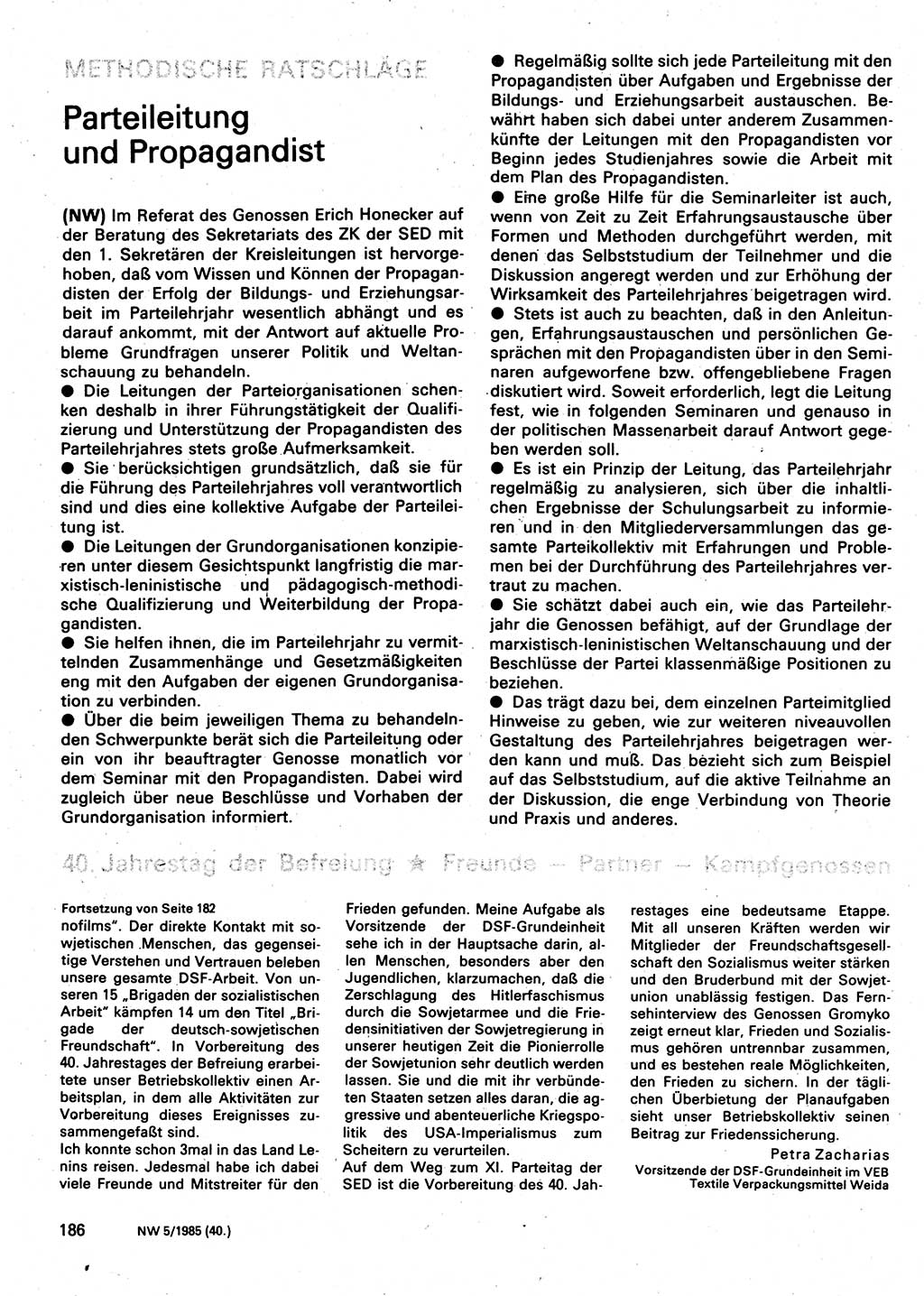 Neuer Weg (NW), Organ des Zentralkomitees (ZK) der SED (Sozialistische Einheitspartei Deutschlands) für Fragen des Parteilebens, 40. Jahrgang [Deutsche Demokratische Republik (DDR)] 1985, Seite 186 (NW ZK SED DDR 1985, S. 186)