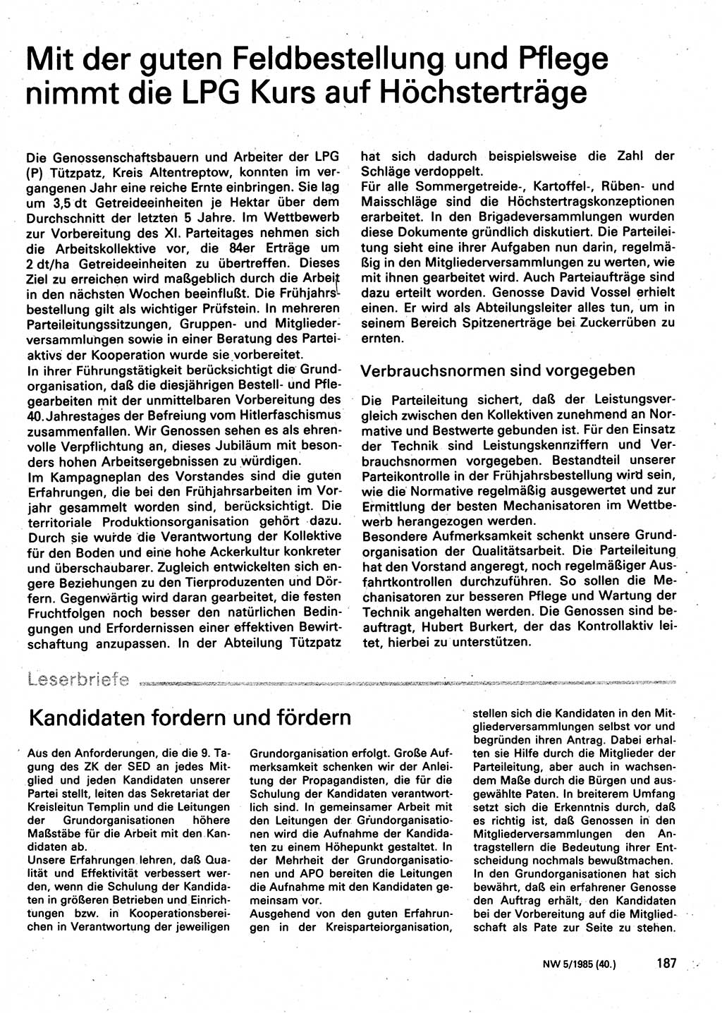 Neuer Weg (NW), Organ des Zentralkomitees (ZK) der SED (Sozialistische Einheitspartei Deutschlands) für Fragen des Parteilebens, 40. Jahrgang [Deutsche Demokratische Republik (DDR)] 1985, Seite 187 (NW ZK SED DDR 1985, S. 187)